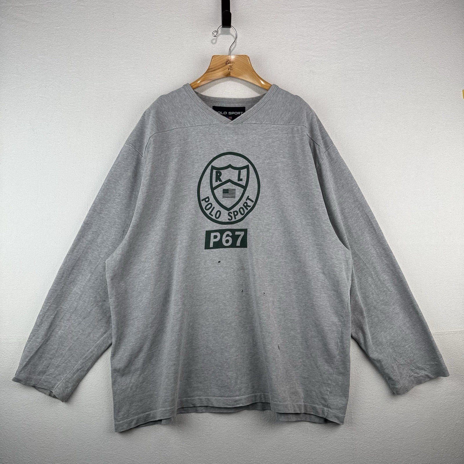 90’s Vtg Polo Ralph Lauren Hockey Gray Jersey Sweatshirt Mens 2XL *Distressed