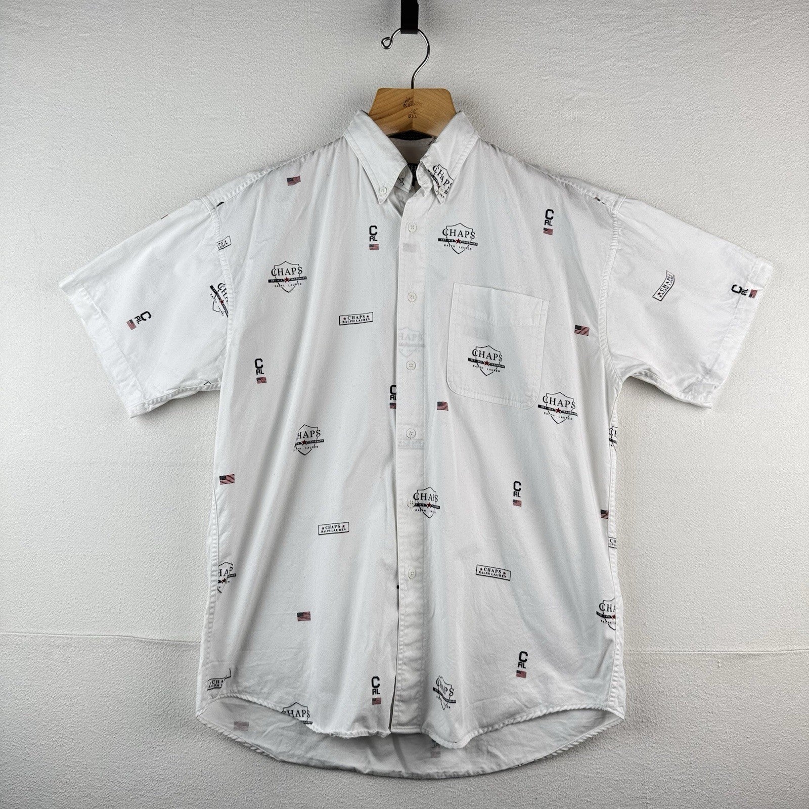 Vintage Ralph Lauren Chaps Mens L White All Over Print Shirt RL Flag