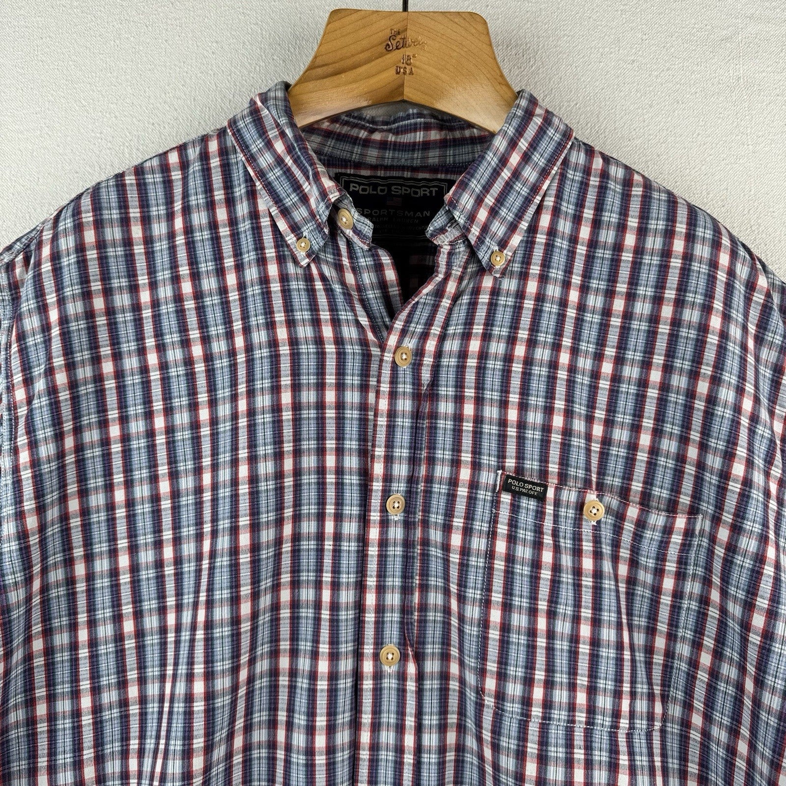 Vintage Polo Sport Ralph Lauren Men’s XL Red Blue Plaid Cotton Camp Shirt