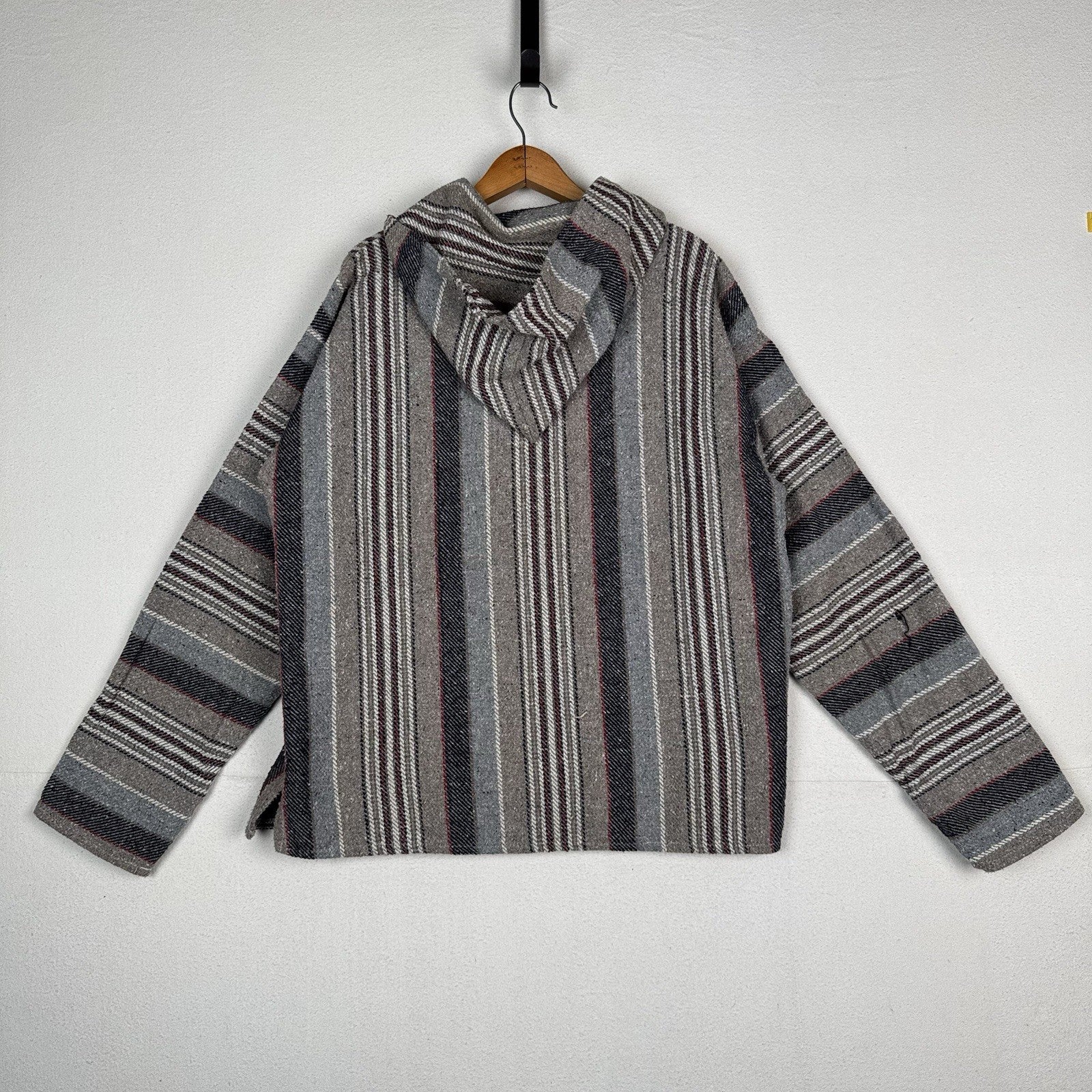Vintage Baja Mexican Woven Blanket Hoodie Pullover Jacket Blue Gray Red XL Boho
