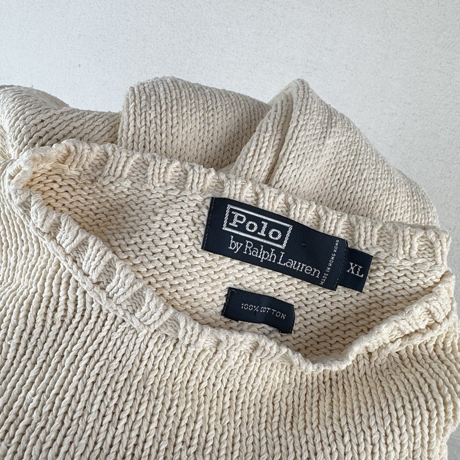 90’s Vtg Polo Ralph Lauren Sweater Men's XL Cream 100% Cotton Crewneck Navy Pony