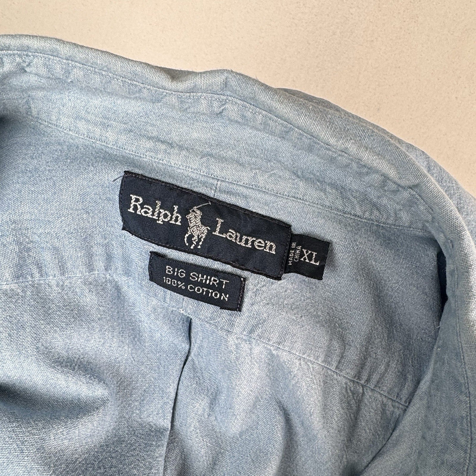 Vtg Ralph Lauren Men’s XL Blue Chambray Big Shirt Embroidered Pony Cotton