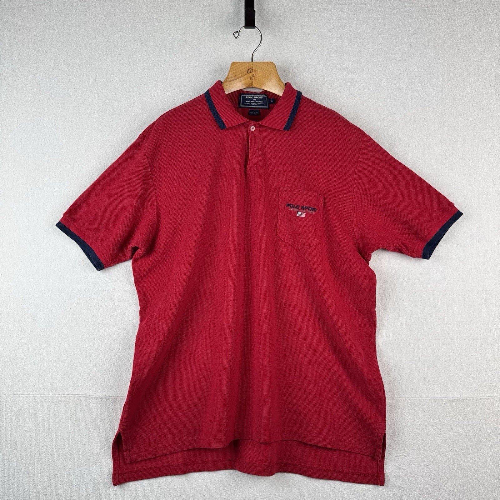 90’s Vintage Ralph Lauren Polo Sport Embroidered Flag Short Sleeve Polo Shirt XL