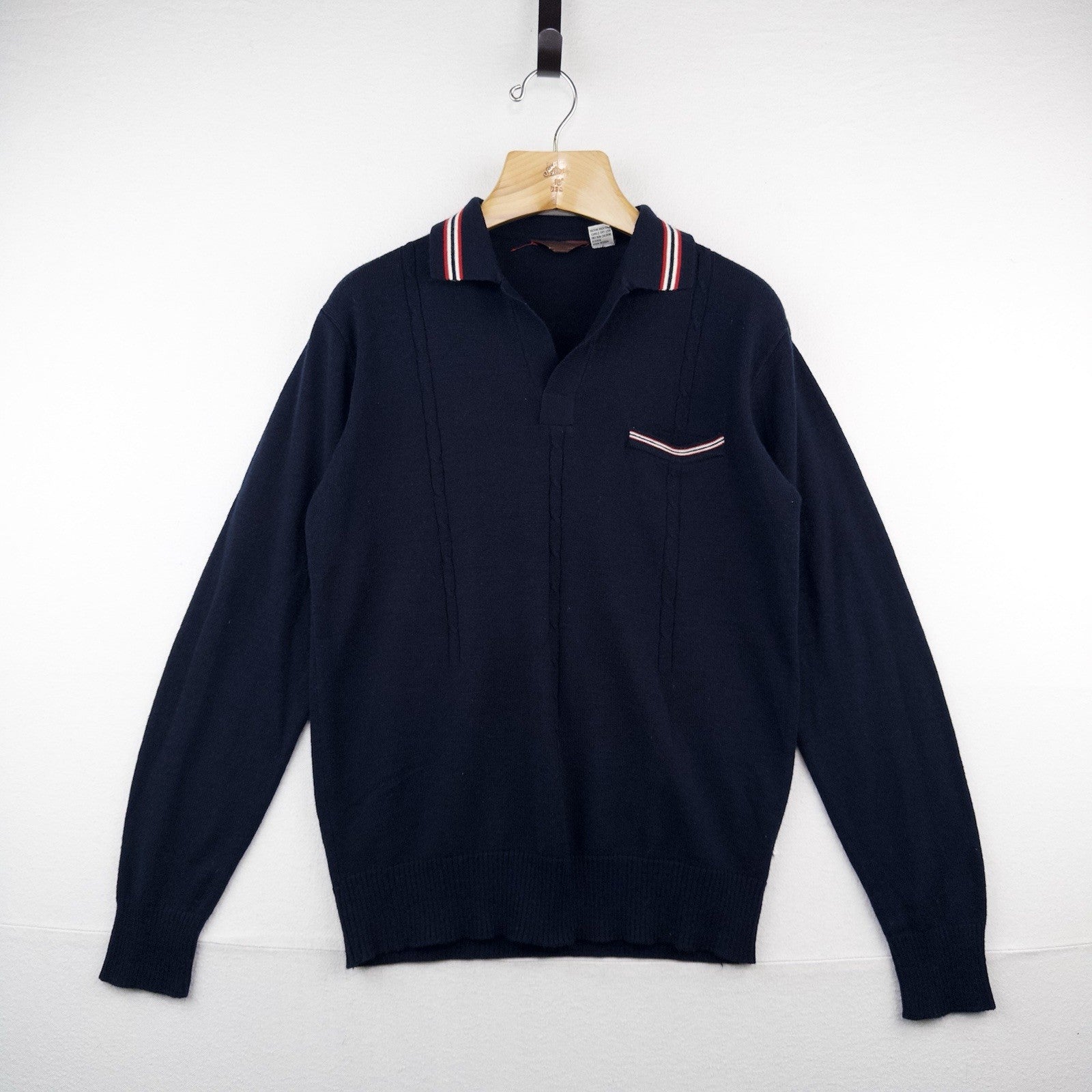 70’s Vtg Long Sleeve Knit Polo Sweater Ribbed Johnny Collar Navy Blue Men’s L