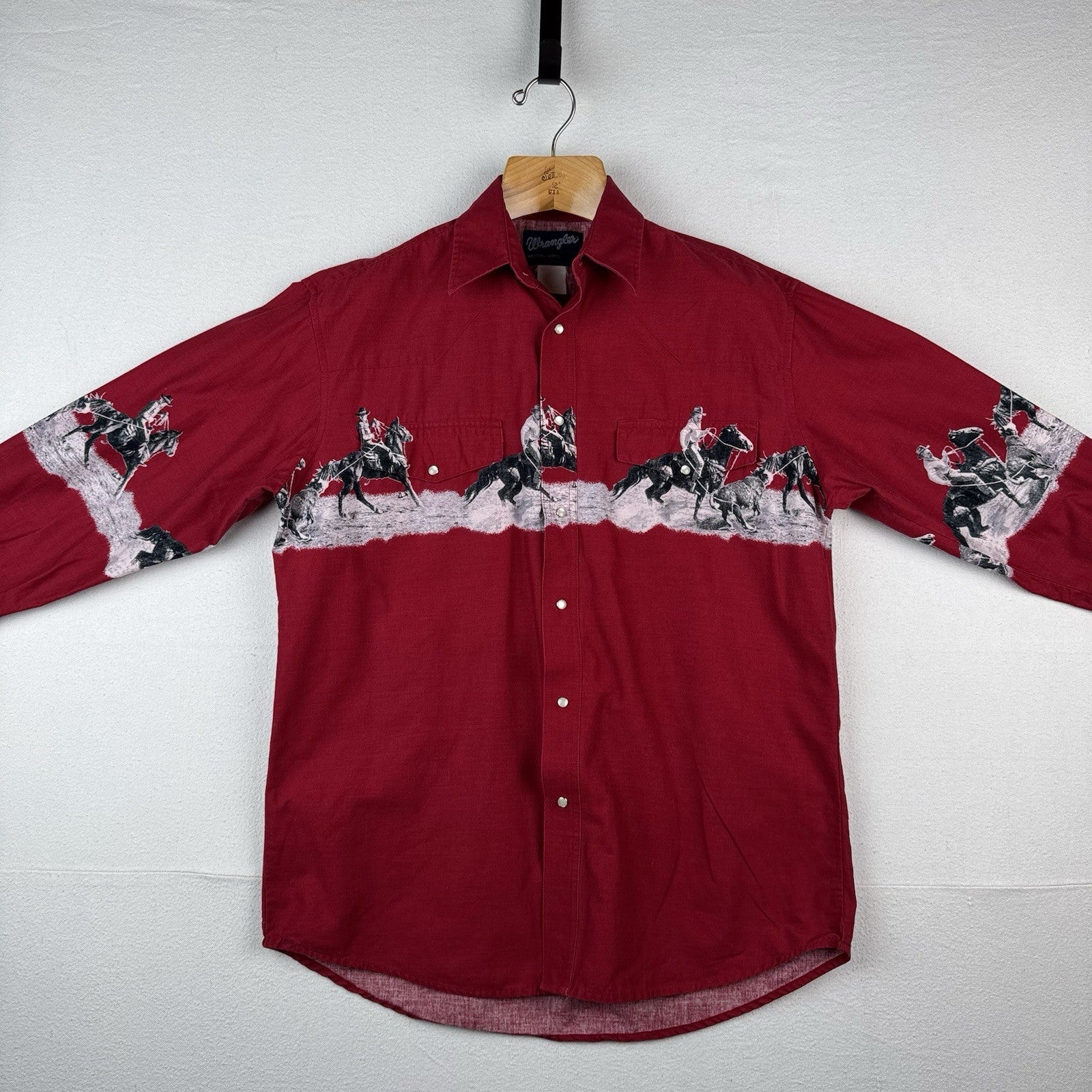 Vtg Wrangler Western Cowboy Print Graphic Pearl Snap Button Shirt Horses XL 46”