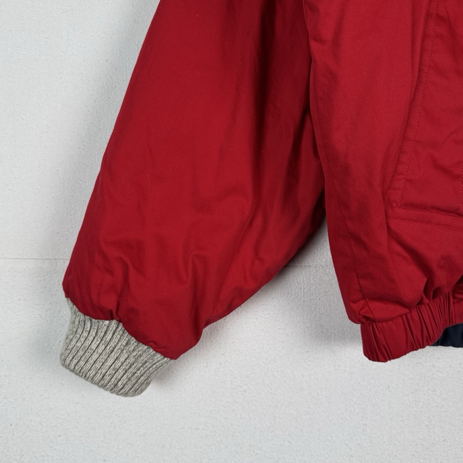 90s Nautica Mens XL Down Puffer Bomber Jacket Leather Patches Red Sweater Collar