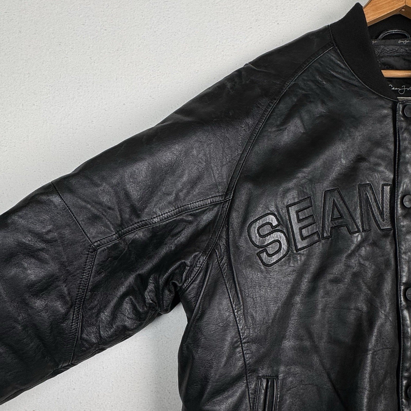 Vtg Sean John Soft Leather Bomber Jacket 2XL Black Puffy Hip Hop Streetwear