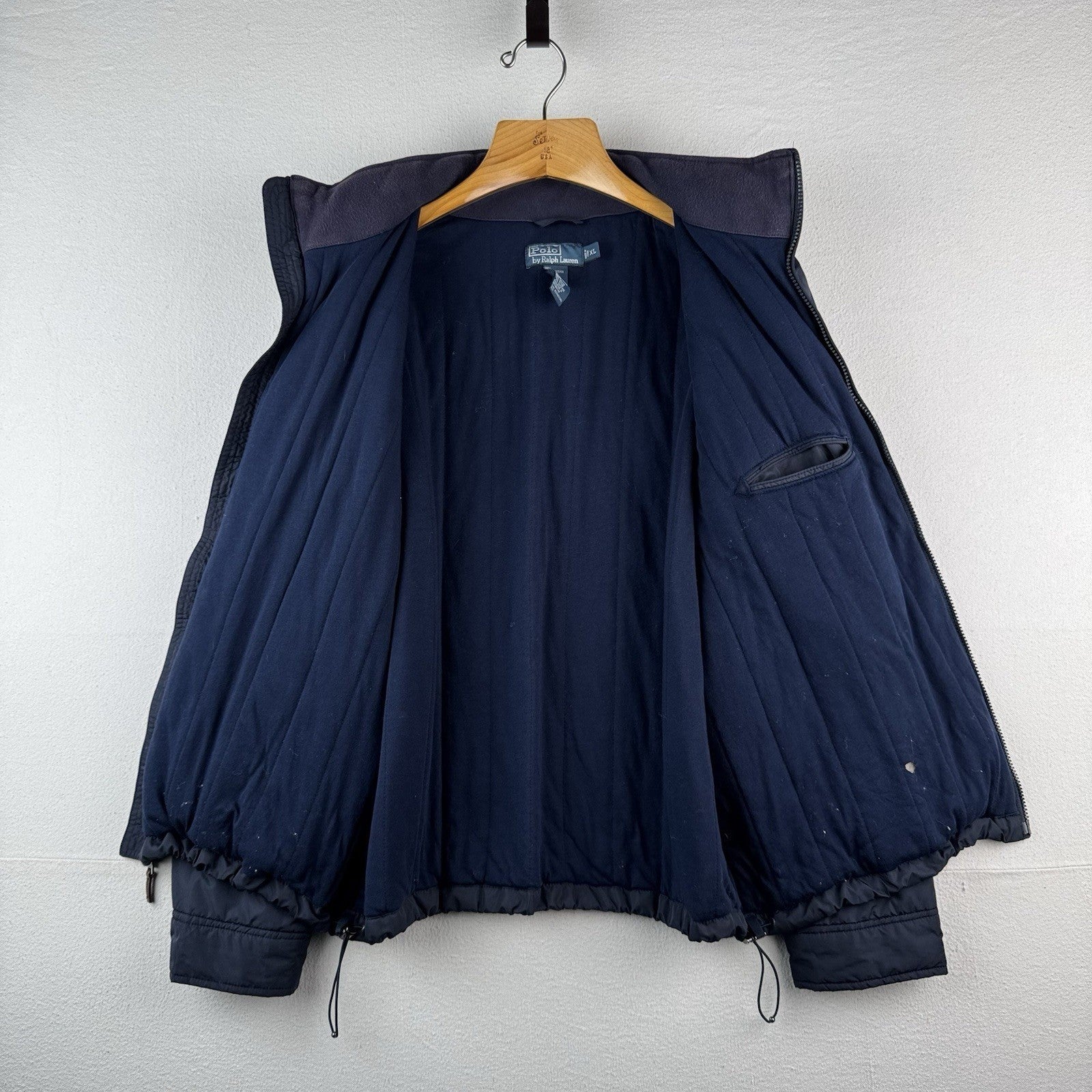 90's Vtg Polo Ralph Lauren Jacket Men XL Navy Leather Trim Lined Stowaway Hood