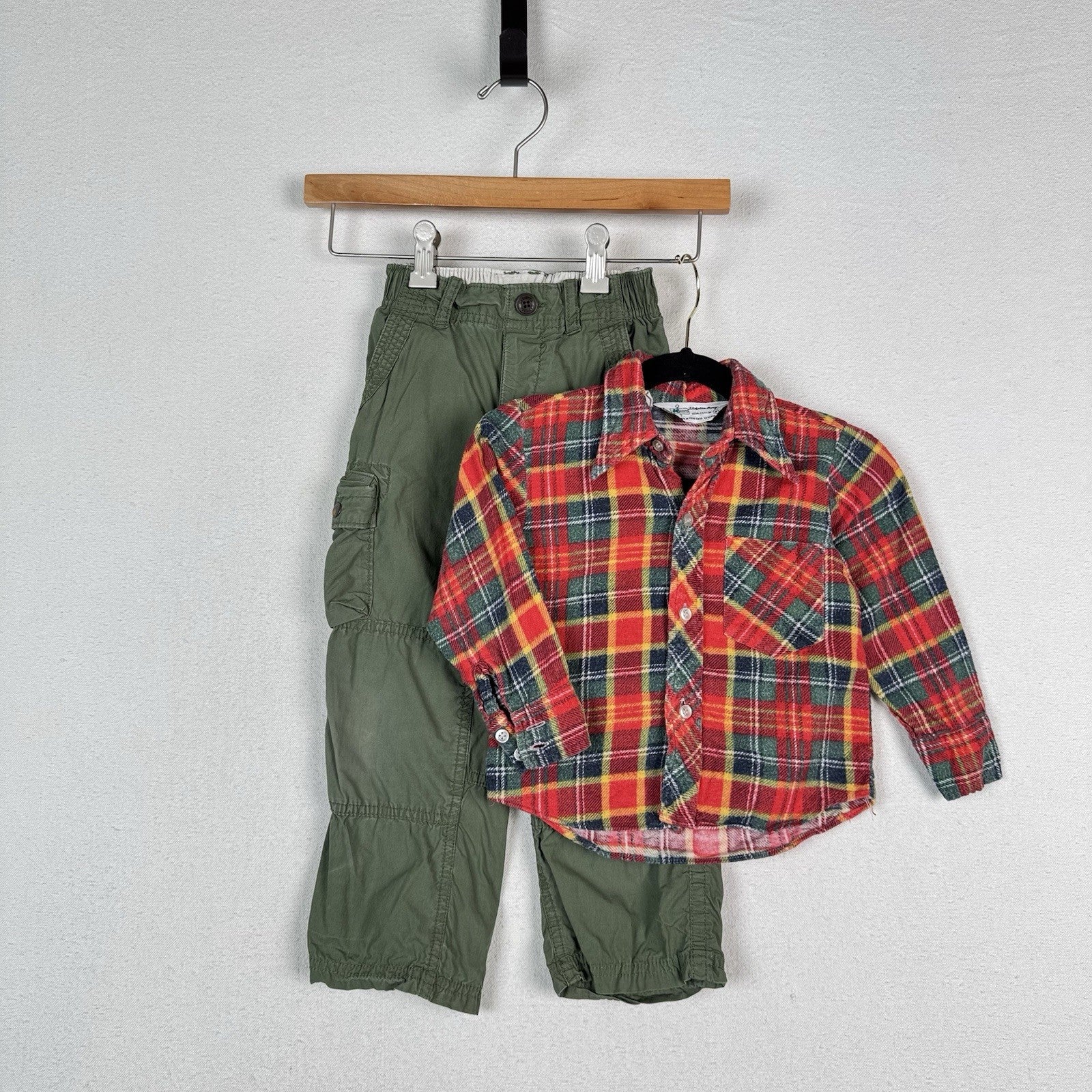 Vintage 60’s 70’s Kmart Kids Flannel Old Navy Cargo Pants Set Red Blue Green 4T