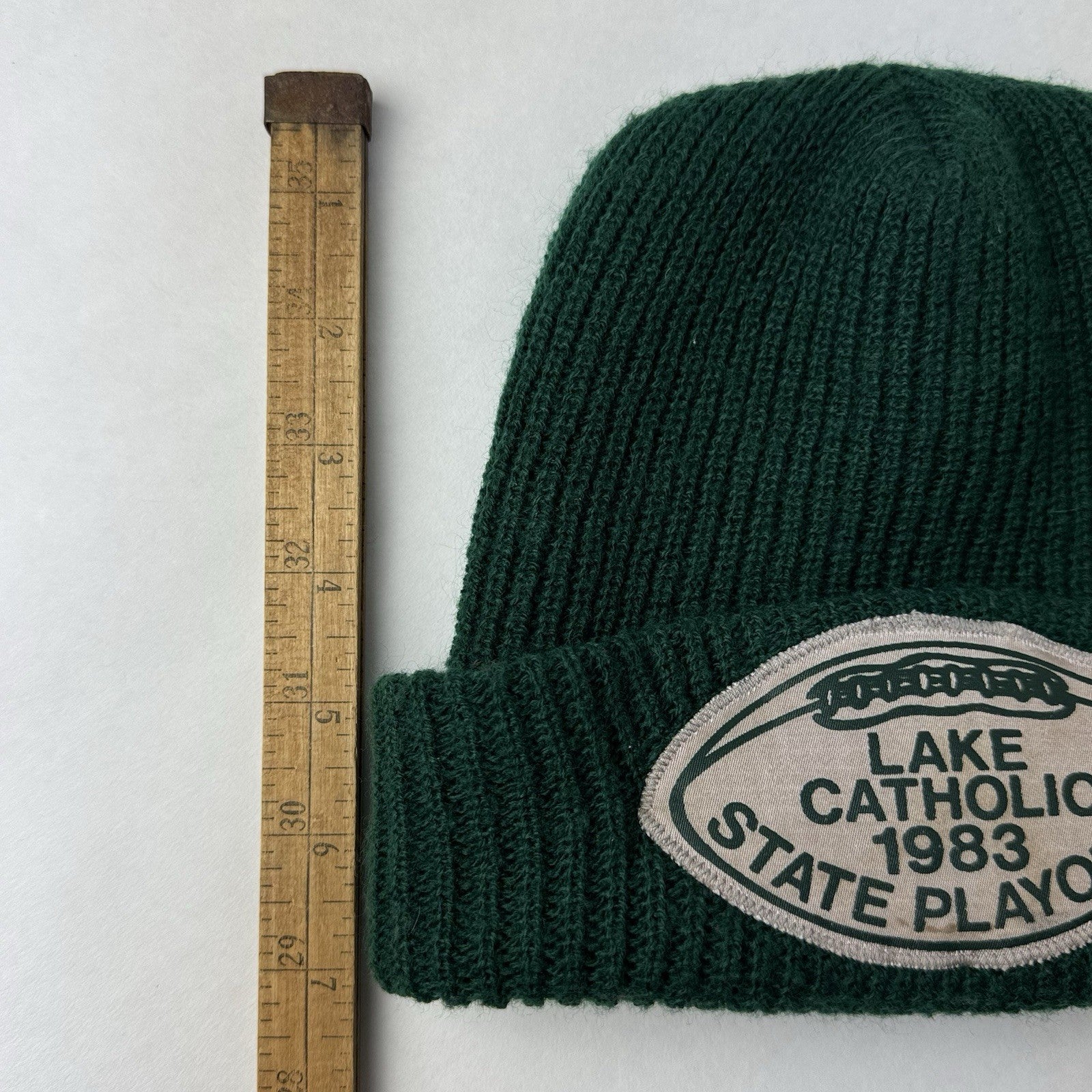 Vintage 1983 Lake Catholic Football State Playoffs Green Beanie Knit Hat 8.5”x7”