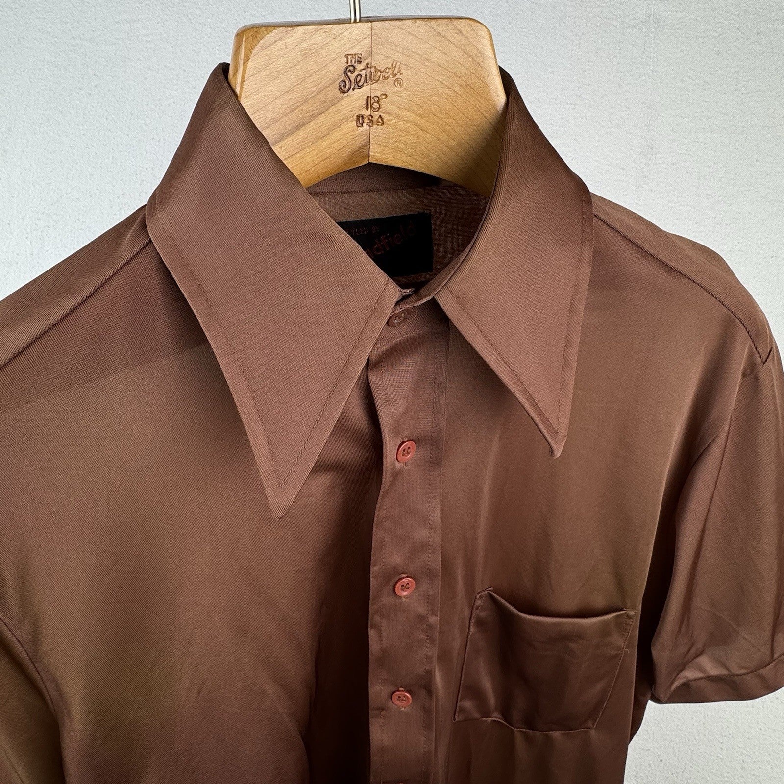 70’s Vintage Bradford Mens Medium Brown Nylon Dagger Collar Shirt