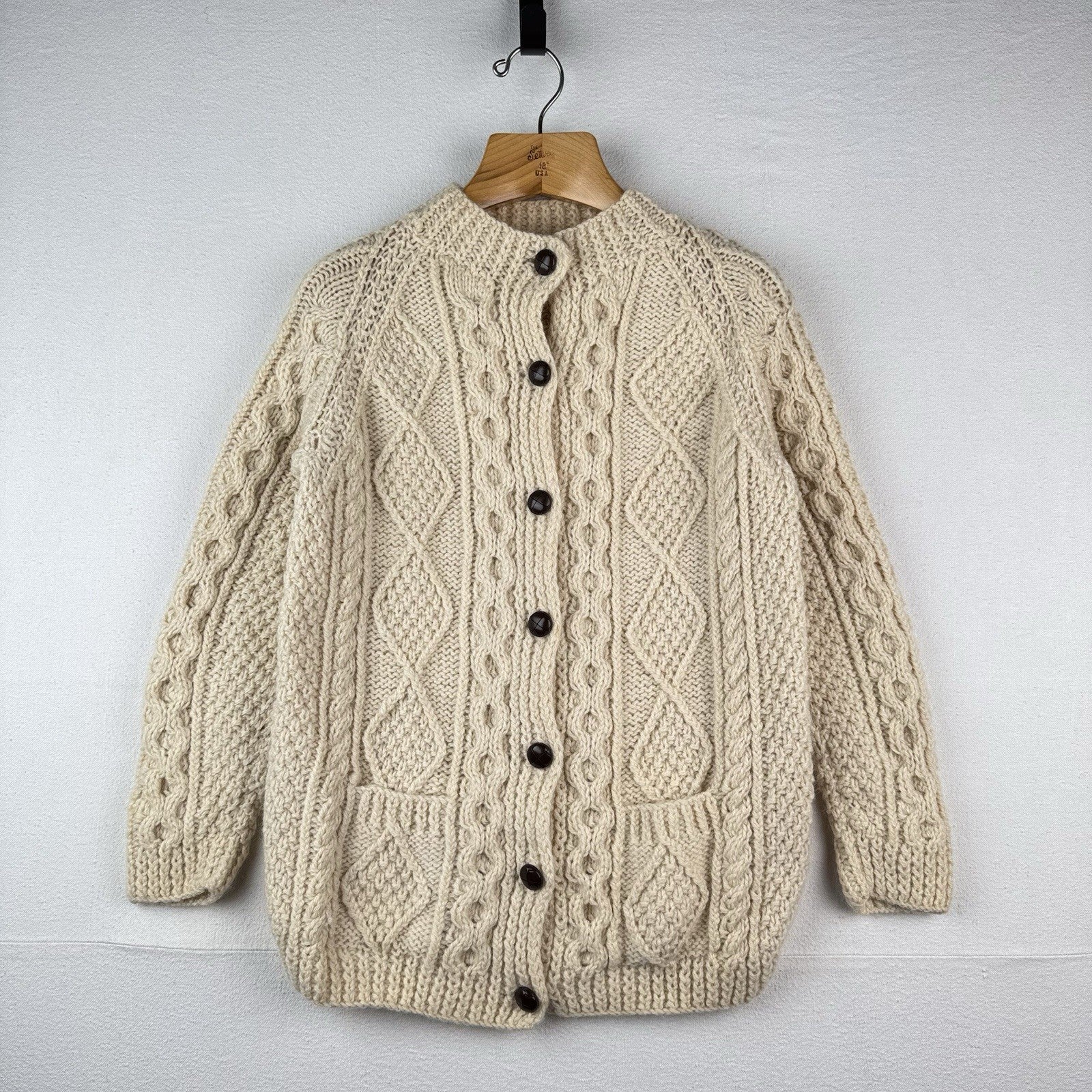 80’s Vtg Blarney Woollen Mills Aran Handknit New Wool Cardigan Sweater Ireland S