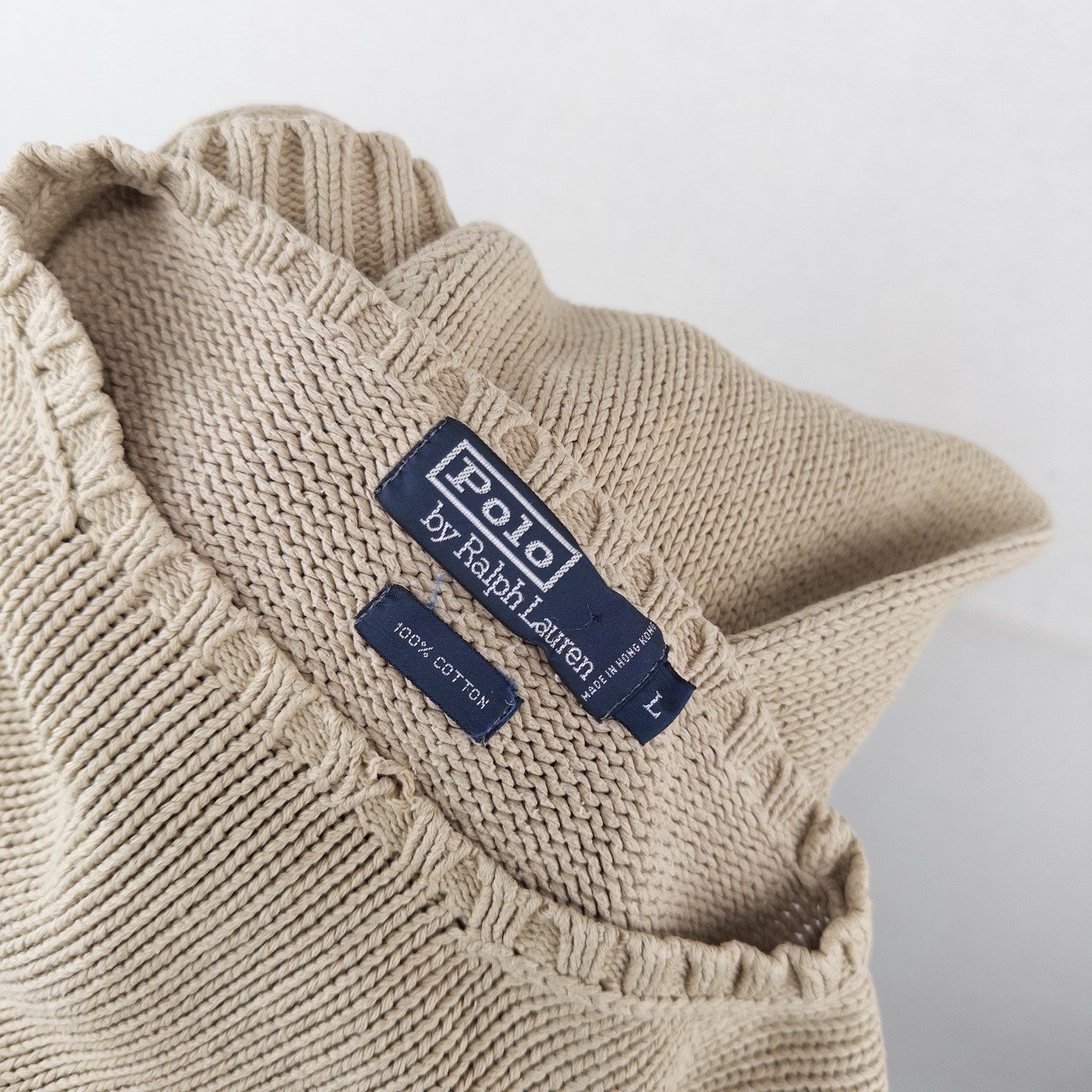 90’s Vintage Polo Ralph Lauren Knit Sweater Men’s L Tan Brown Cotton Crewneck