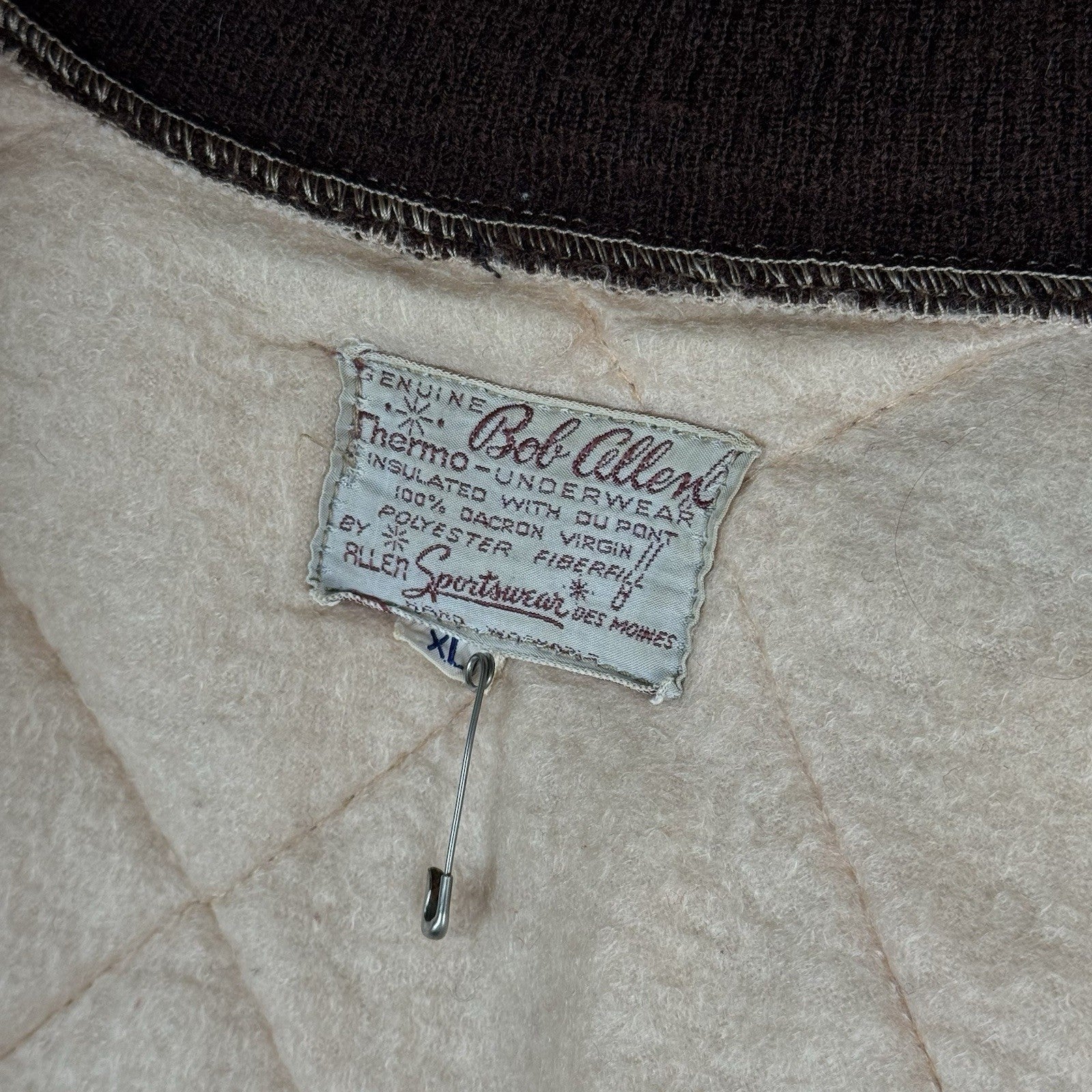 60’s Vintage Bob Allen Quilted Jacket Pants Set Long Underwear Men's XL Brown