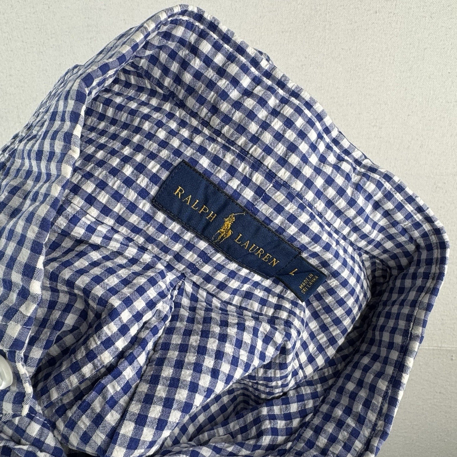 Polo Ralph Lauren Blue Gingham Seersucker S/S Shirt Men’s L Oxford Button Down