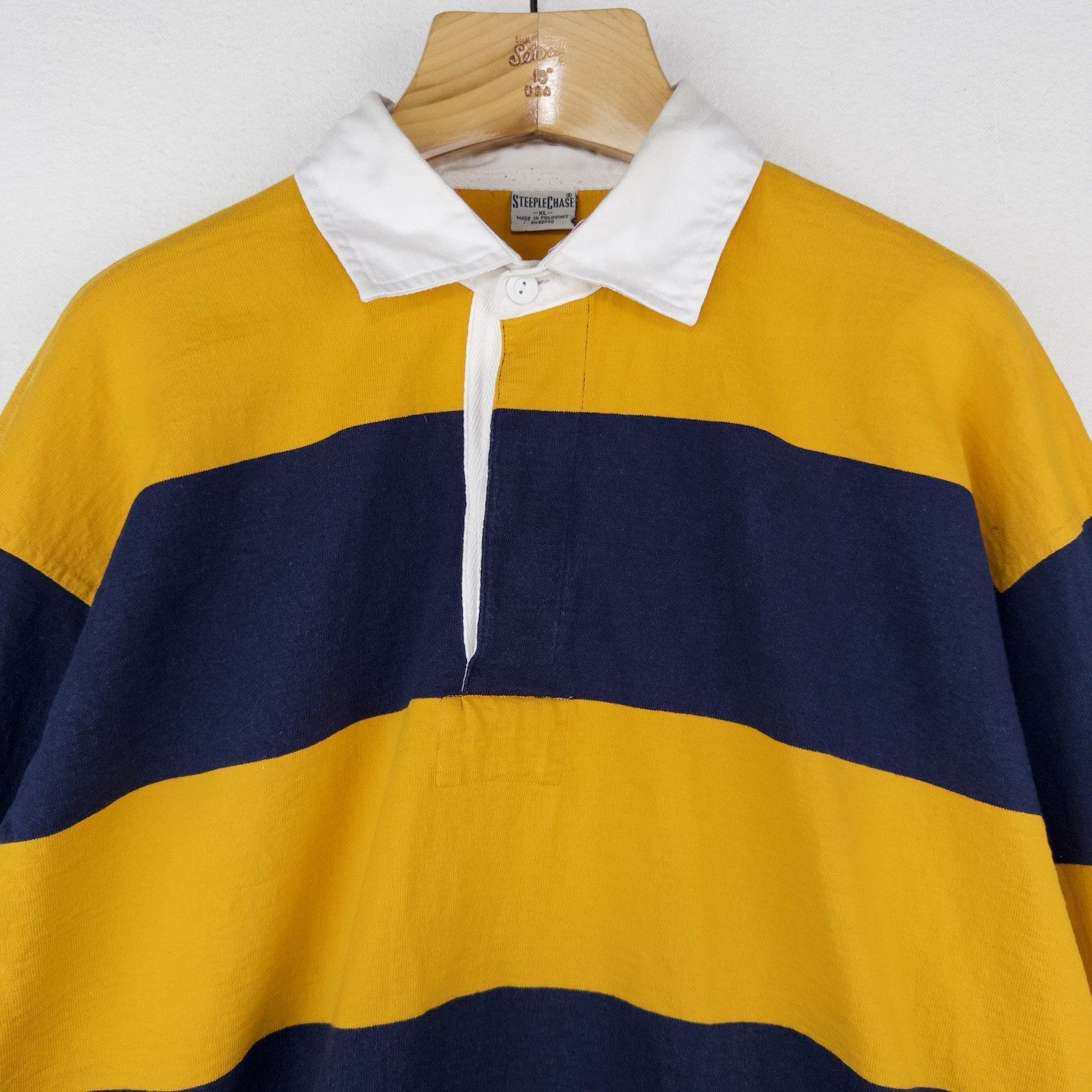 80’s Vtg Steeplechase Men’s XL Yellow Blue Striped Long Sleeve Polo Rugby