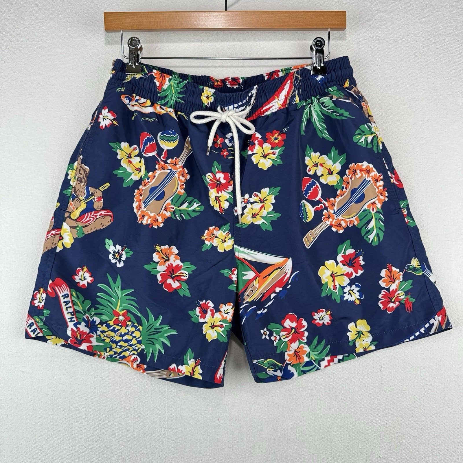 Polo Ralph Lauren Swim Trunks Mens M Blue Bear Floral Mesh Lined Drawstring 5”