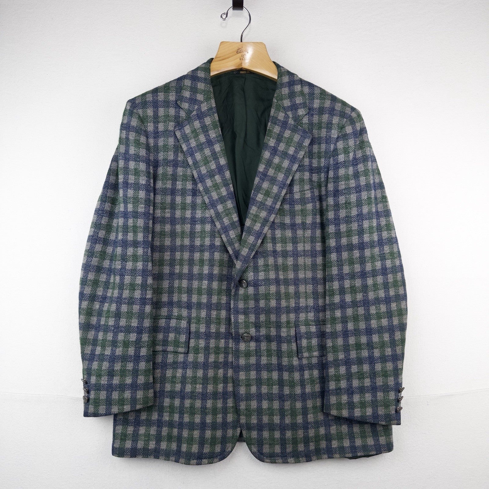 70’s Vtg Izod Tartan Plaid Wool Sport Coat Blazer Jacket 40R Blue Green USA