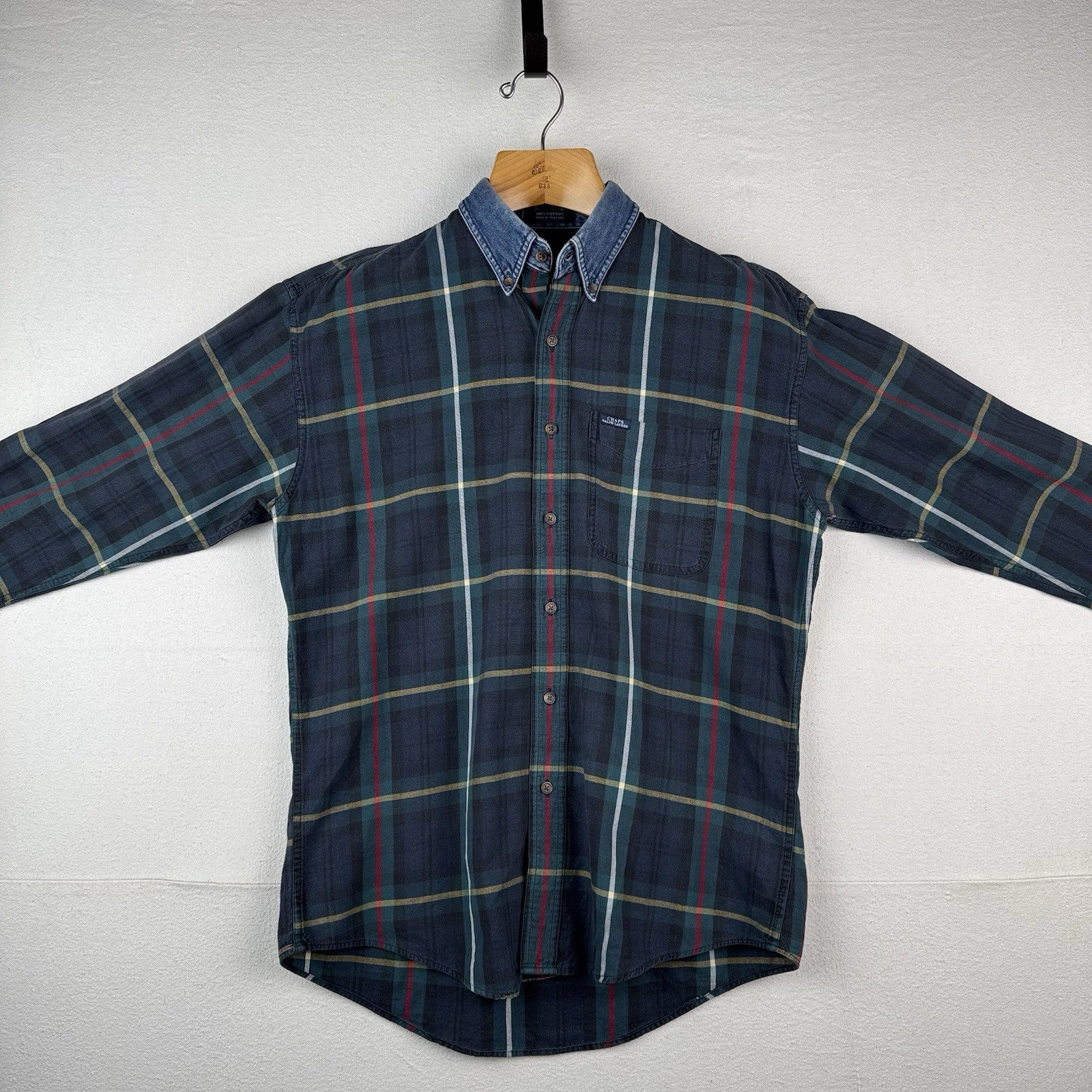 90’s Vtg Chaps Ralph Lauren Men’s M Blue Tartan Plaid Denim Collar Shirt