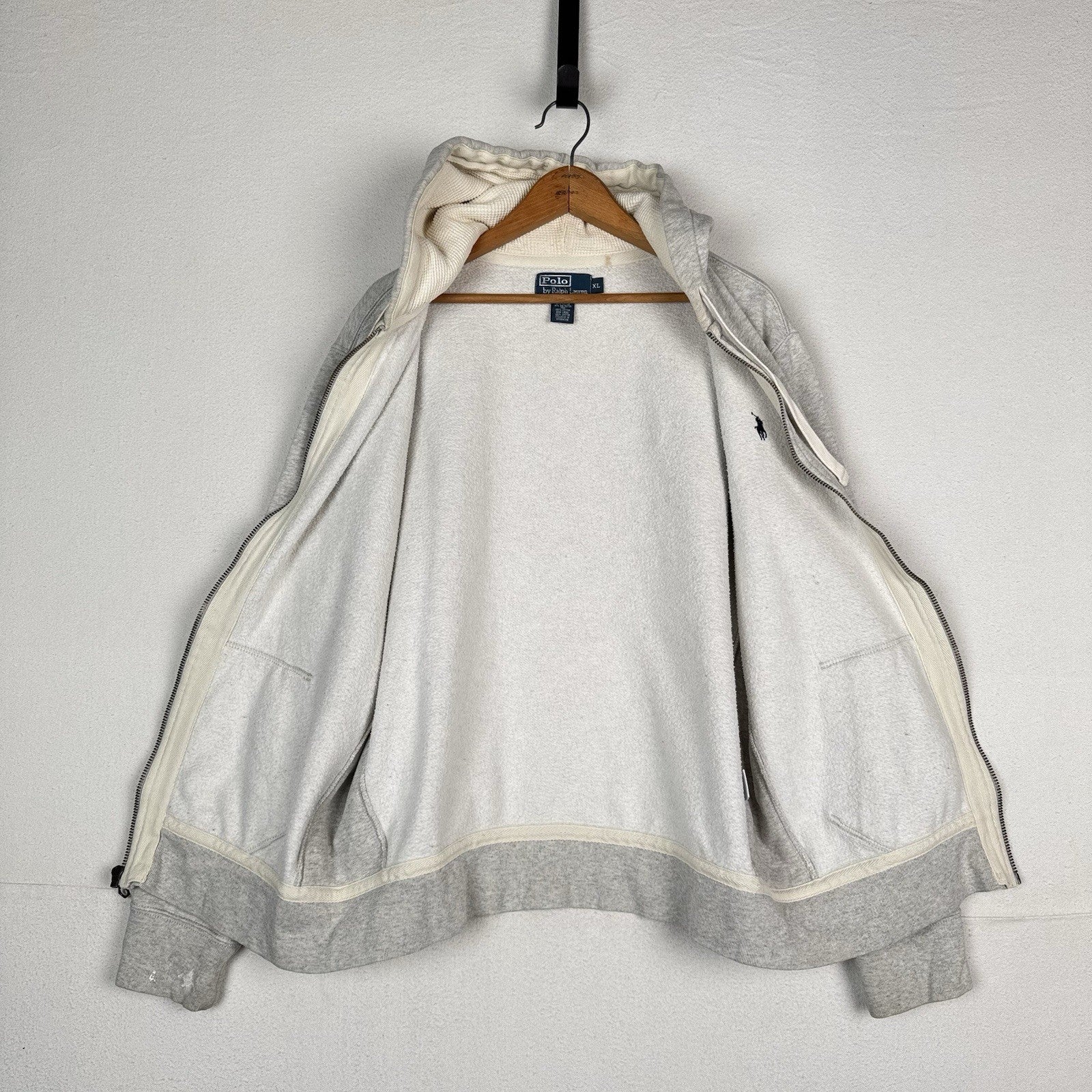 Vintage Polo Ralph Lauren Hoodie Men’s XL Gray Thermal Hood Full Zip Distressed