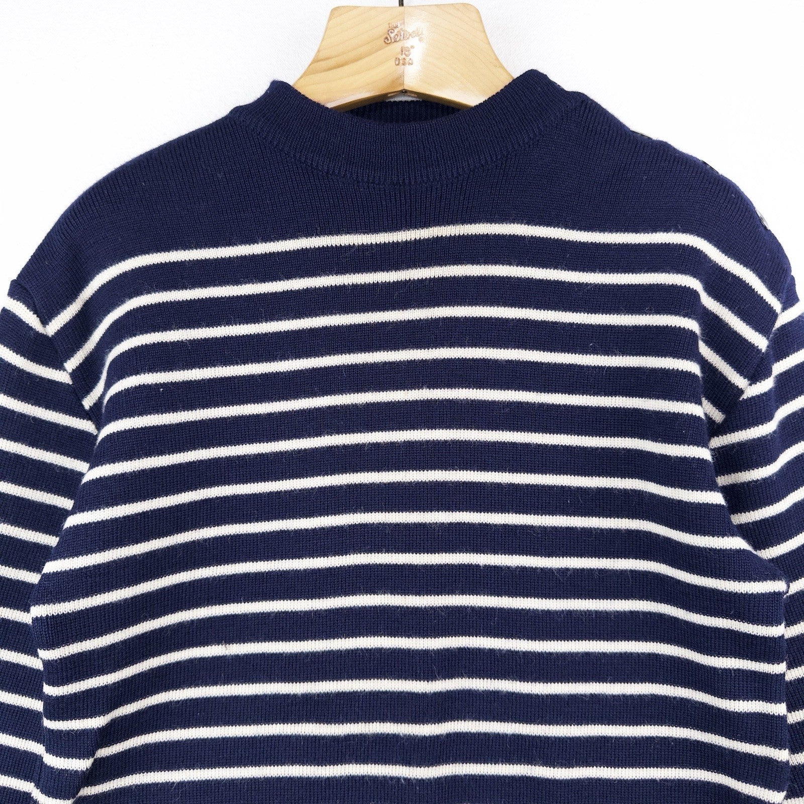 70’s Saint James Wool Sweater Bretone Stripe Button Shoulder Made France Blue M