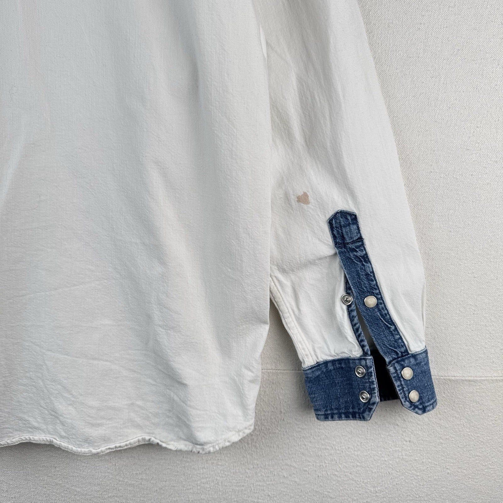 Mother Denim Tycoon TwoTone Western Shirt White Denim Pearl Snap Large USA *Read