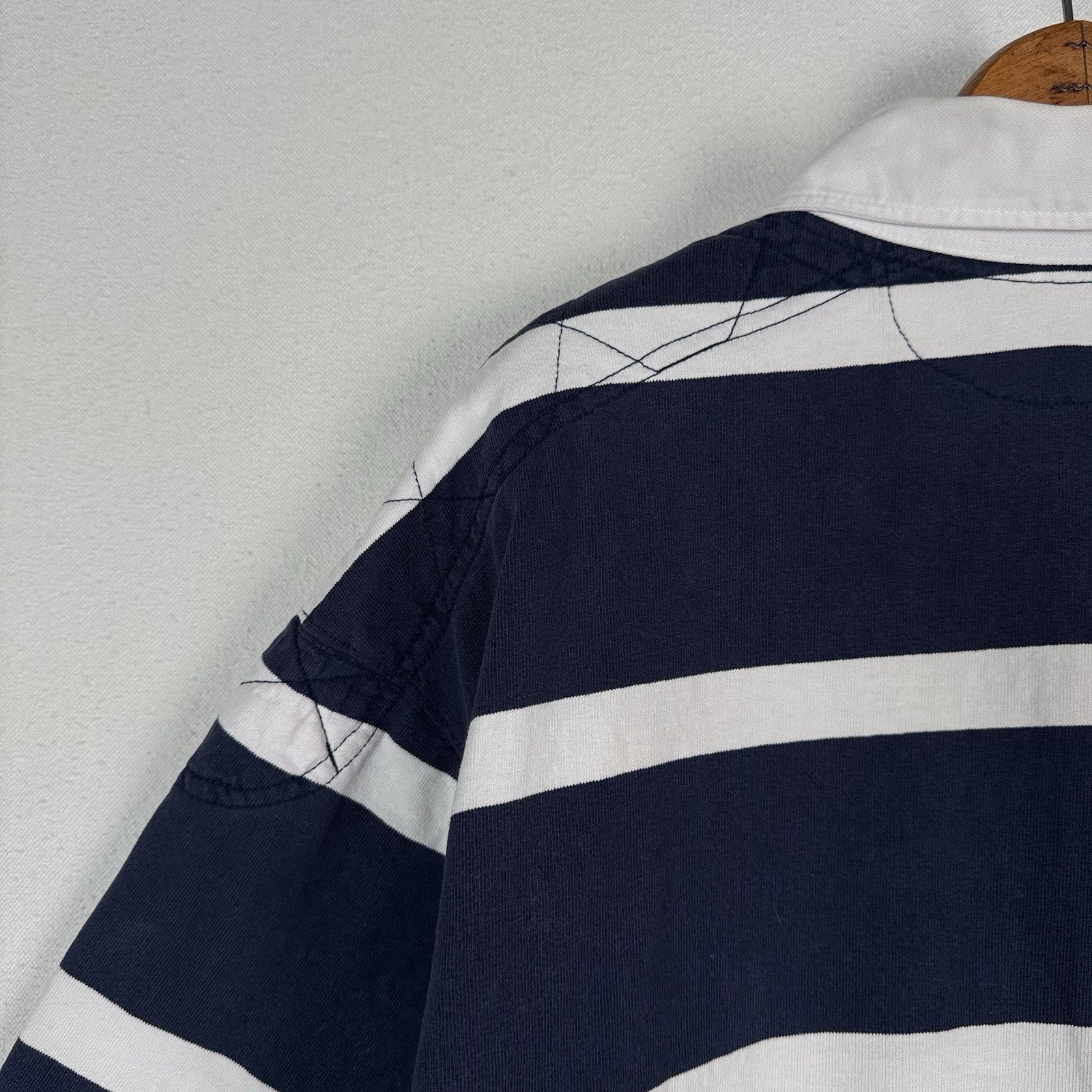 Polo Ralph Lauren Rugby Shirt 4XLB Blue White Quilted Elbow Patch *No Cuffs