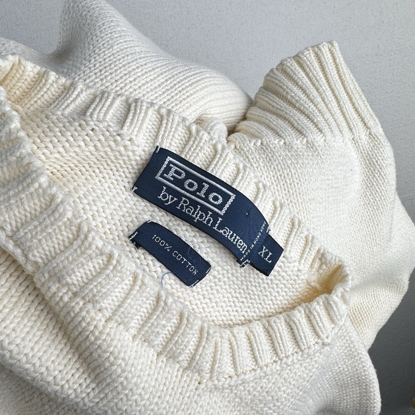 90’s Vtg Polo Ralph Lauren Sweater Men's XL Cream 100% Cotton Crewneck Navy Pony