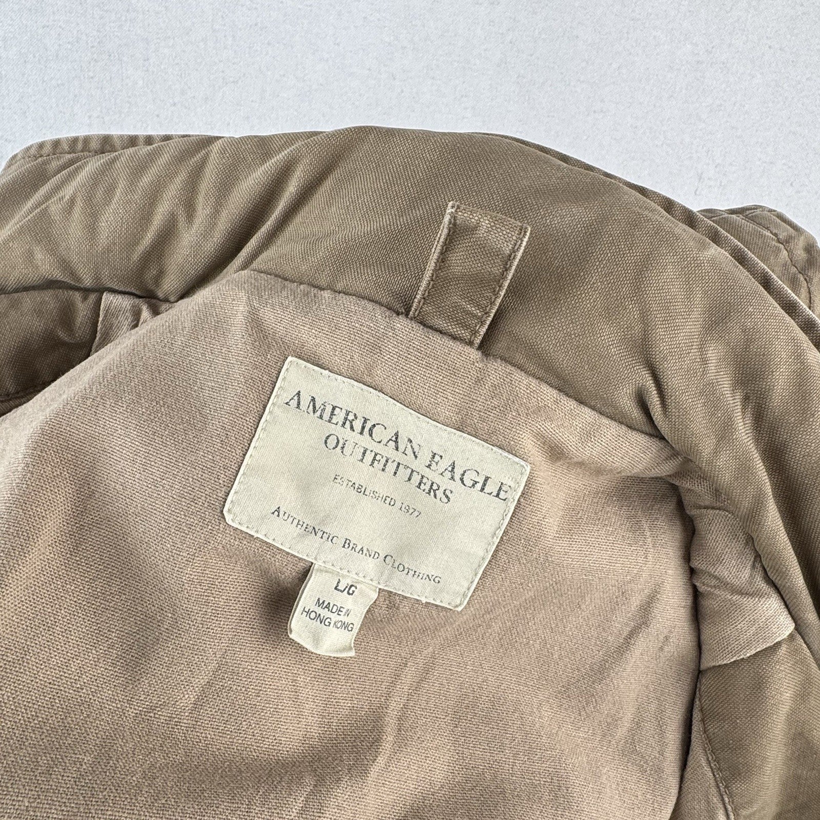 American Eagle M-65 Style Field Jacket Mens L Khaki Military Stowaway Hood *Read