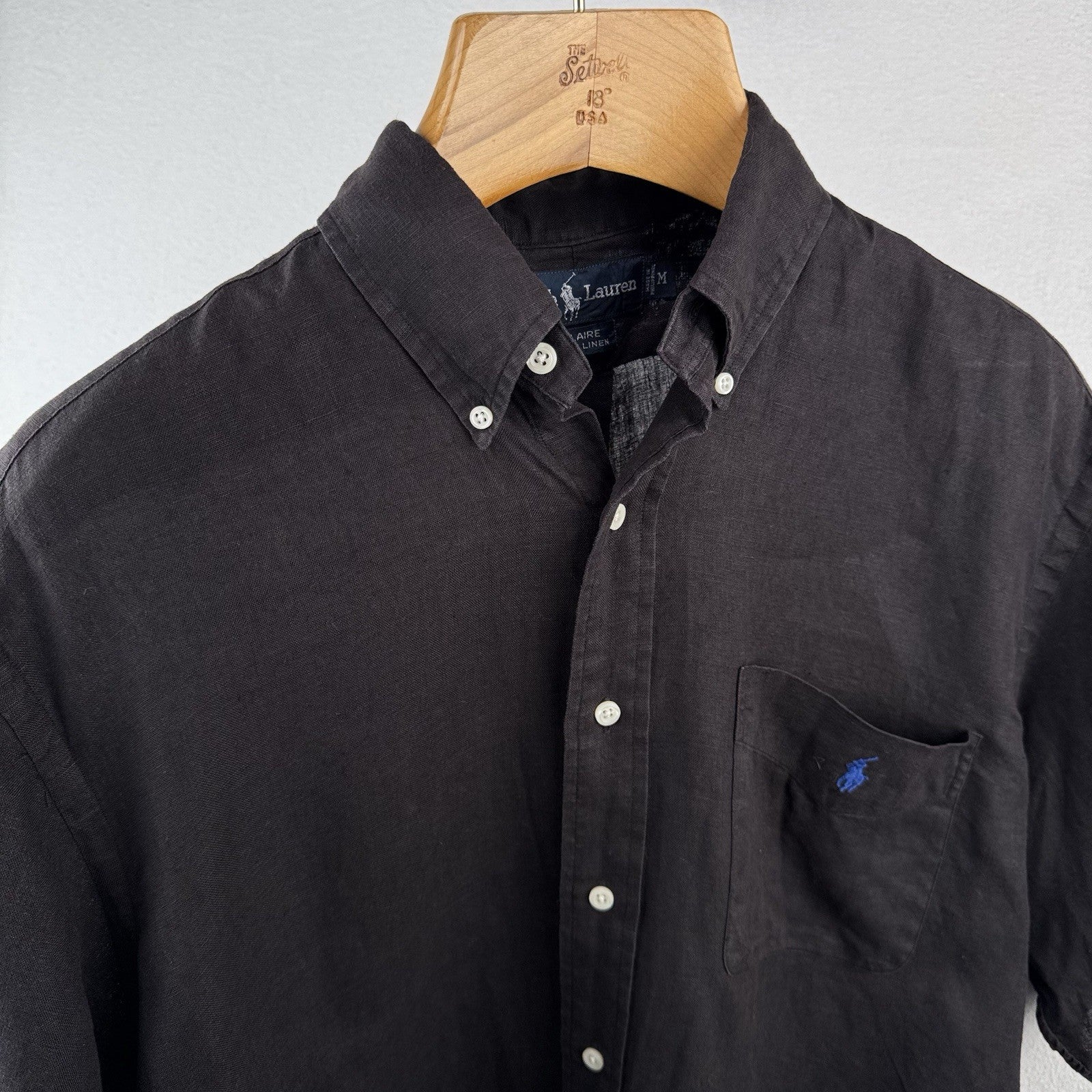 Vtg Ralph Lauren Blaire Black Linen Short Sleeve Shirt Mens Medium Button Down