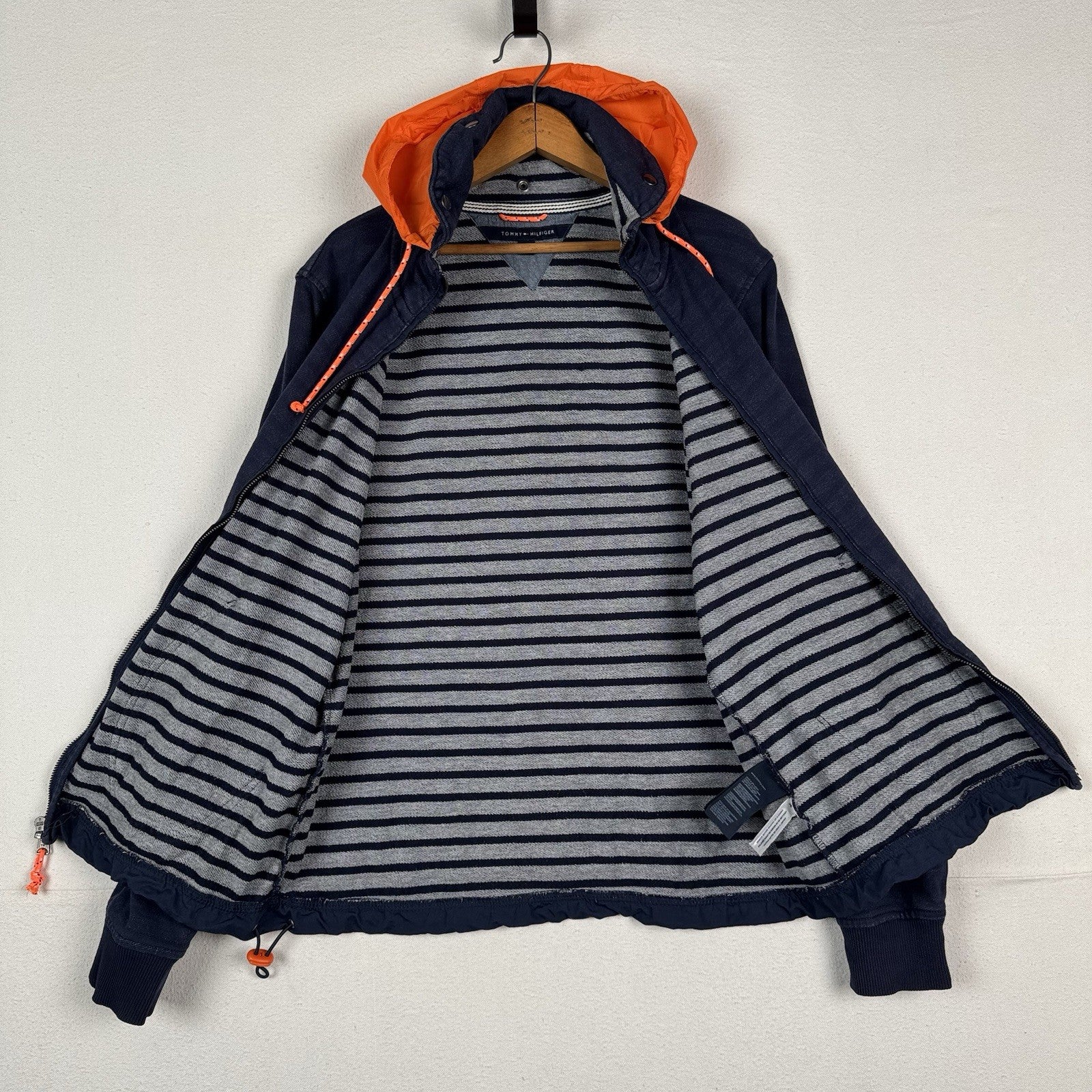 Tommy Hilfiger Navy Orange Women's Large Cotton Jacket Stowaway Hood