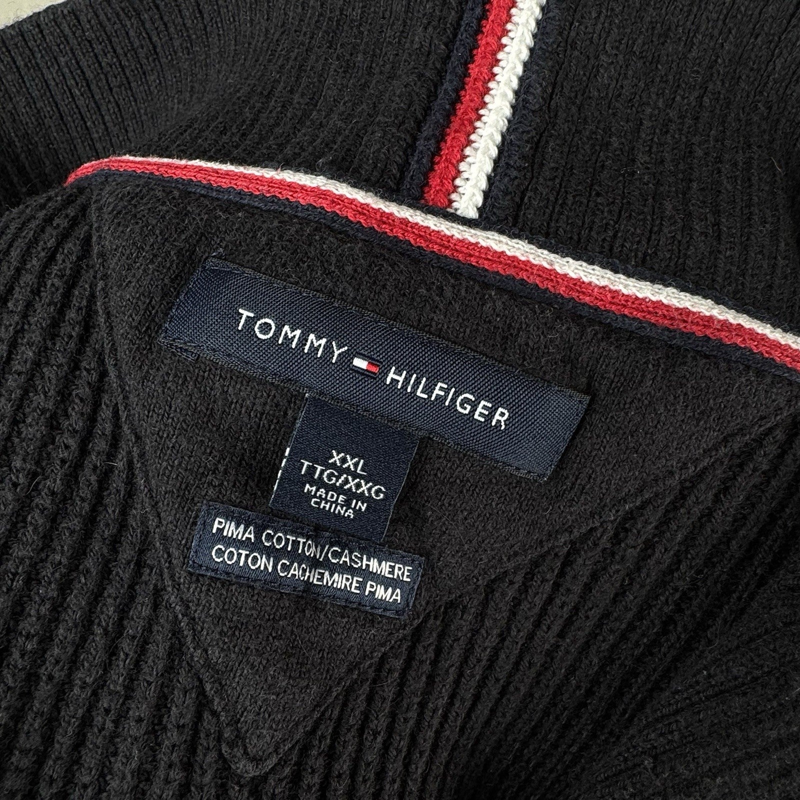 Tommy Hilfiger Quarter Zip XXL Black Pima Cotton/Cashmere Sweater Pullover