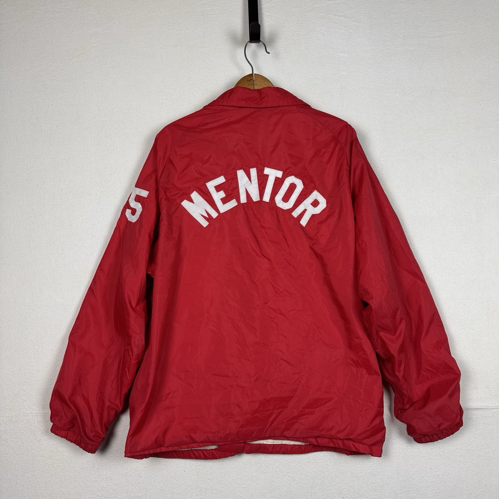 Vintage Mentor High School Snap Button Up Coach Jacket Nylon Red White Large