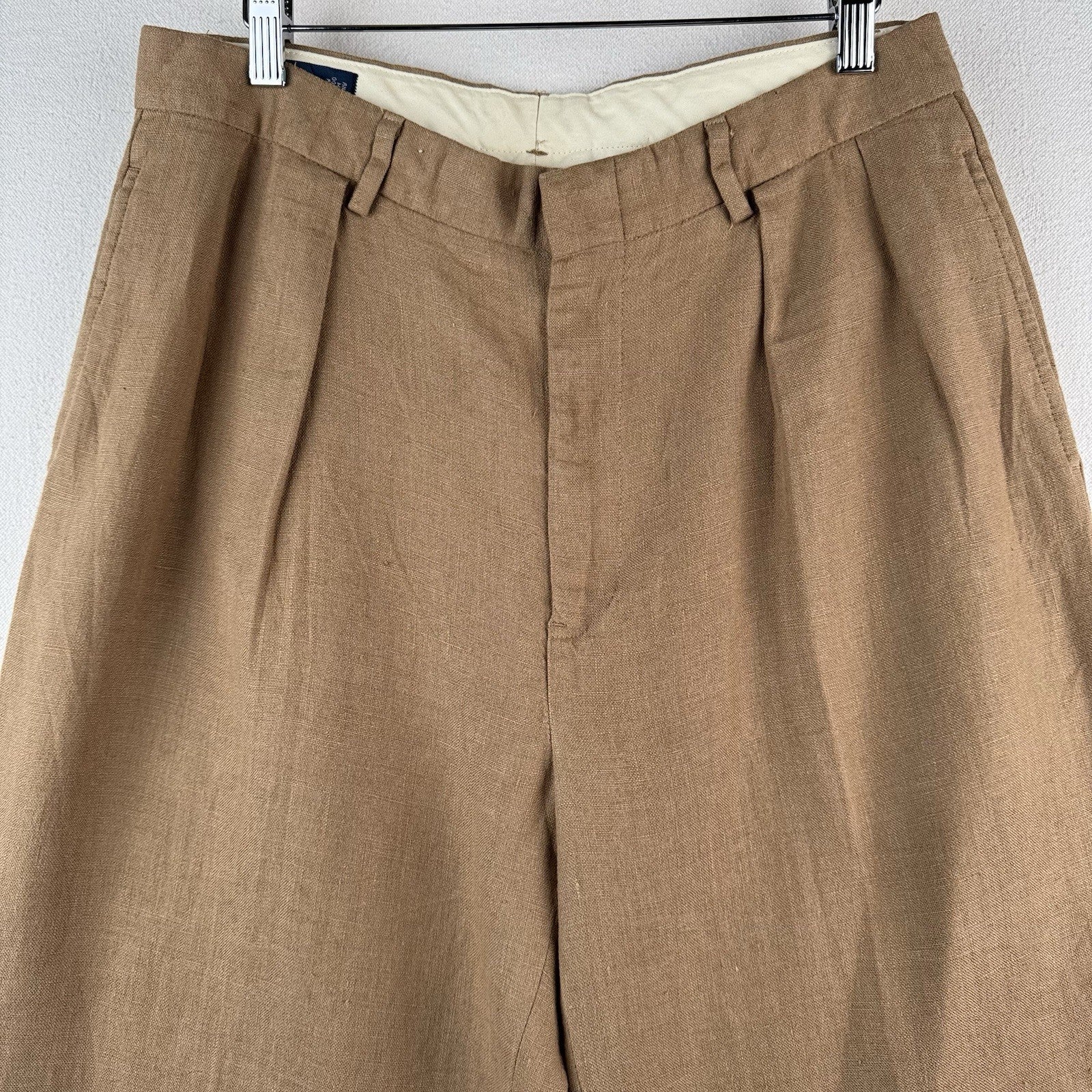 Vtg Polo Ralph Lauren Brown 100% Linen Pleated Cuffed Dress Pants Fits 30x27