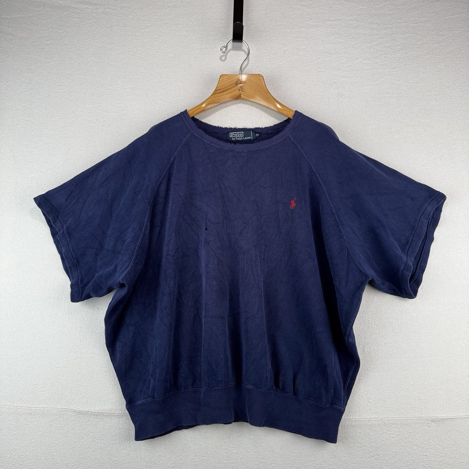 90’s Vtg Polo Ralph Lauren Raglan Short Sleeve Sweatshirt Blue XL *Distressed