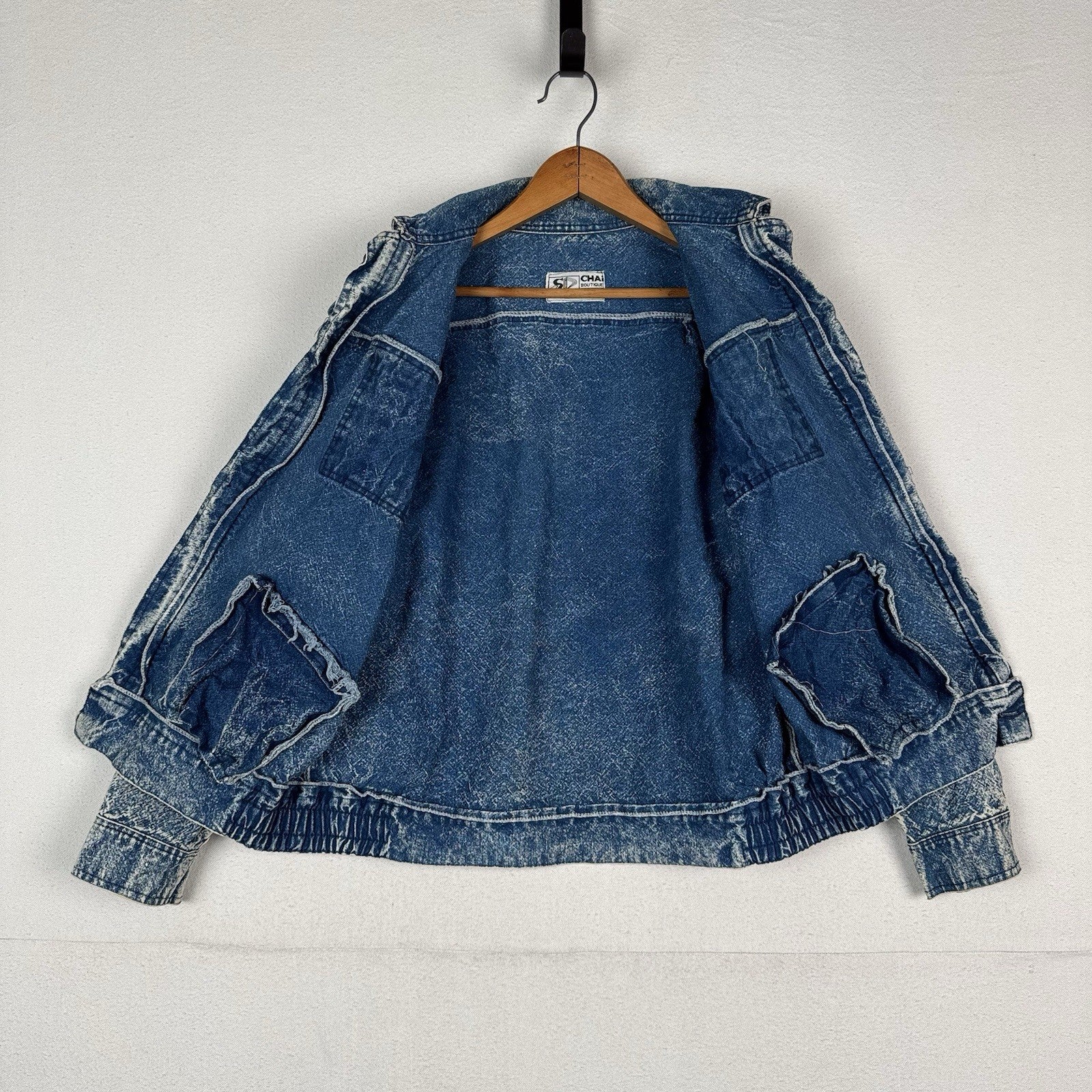 Vintage 80’s Chai Denim Jacket Unisex Medium Acid Wash Quilted Shoulders Straps