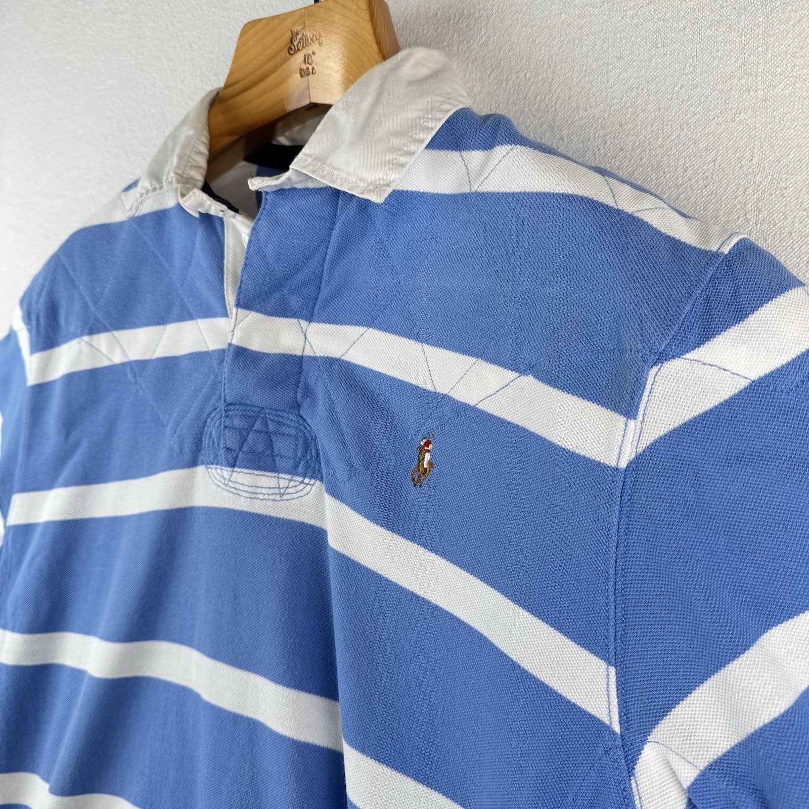 Vtg Polo Ralph Lauren Men's M Short Sleeve Quilted Rugby Light Blue White Stripe