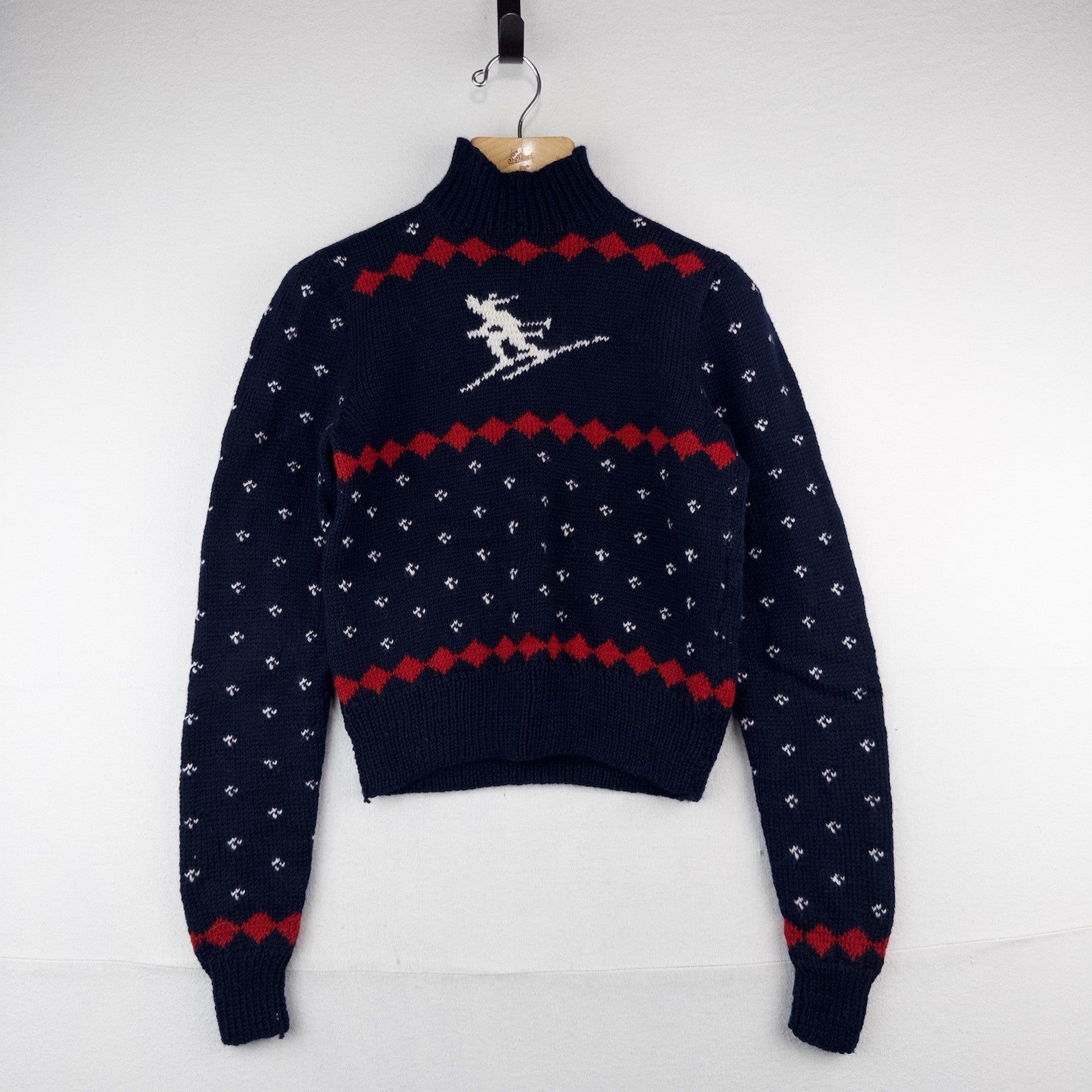 50’s Vtg Hand Knit Apres Ski Sweater Skier Blue Red Birds Eye Women’s S
