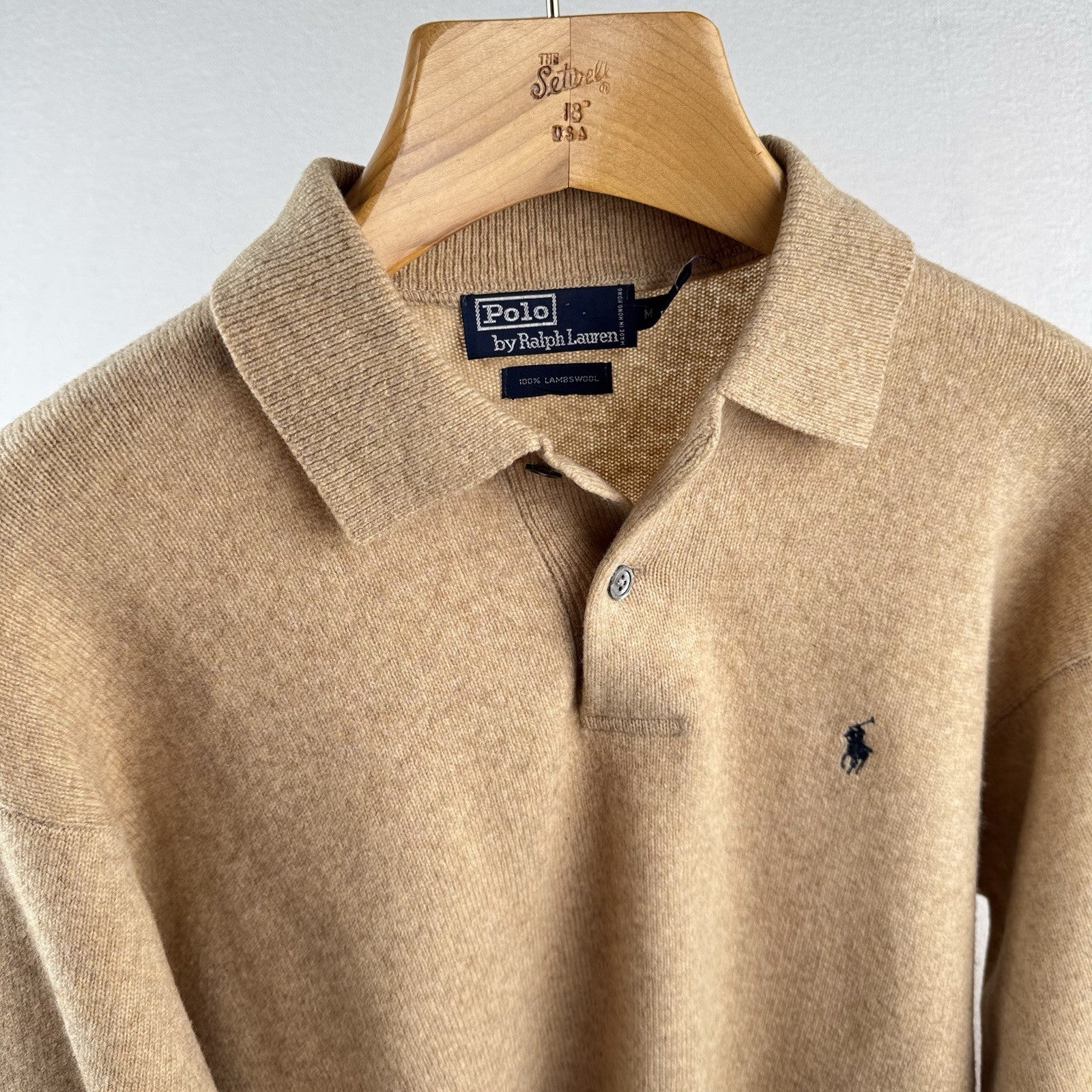 90s Vtg Polo Ralph Lauren Sweater Mens M Camel Tan Lambswool Knit Collared *Read