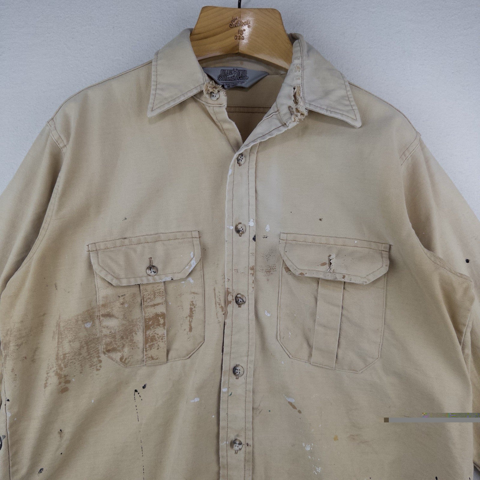 70’s Vtg Sportsman's Guide Shirt Mens L Heavy Cotton Tan Long Sleeve *Distressed