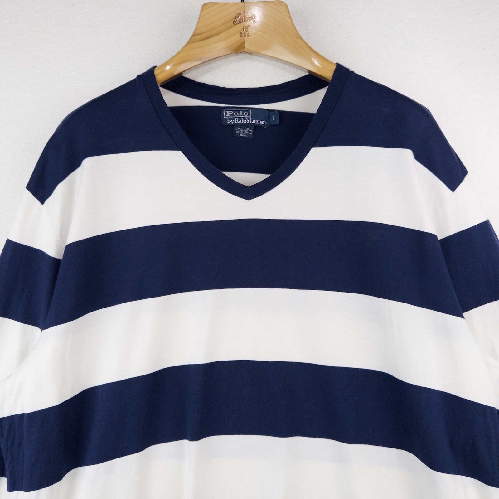 90’s Vtg Polo Ralph Lauren V-neck Sailor Stripe Shirt Men’s L Pima Cotton Blue