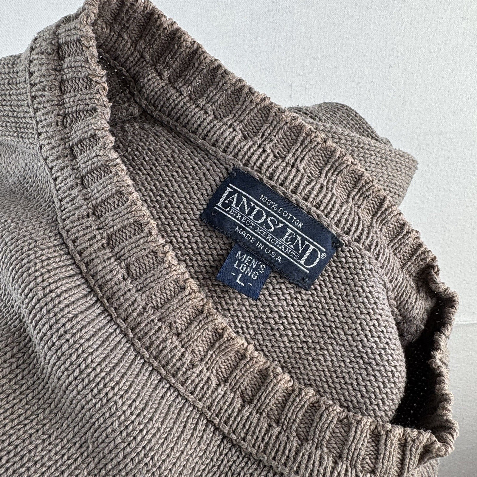 90’s Vtg Land's End Sweater Men L Tall Gray Tan Crew Chunky Knit Cotton Made USA