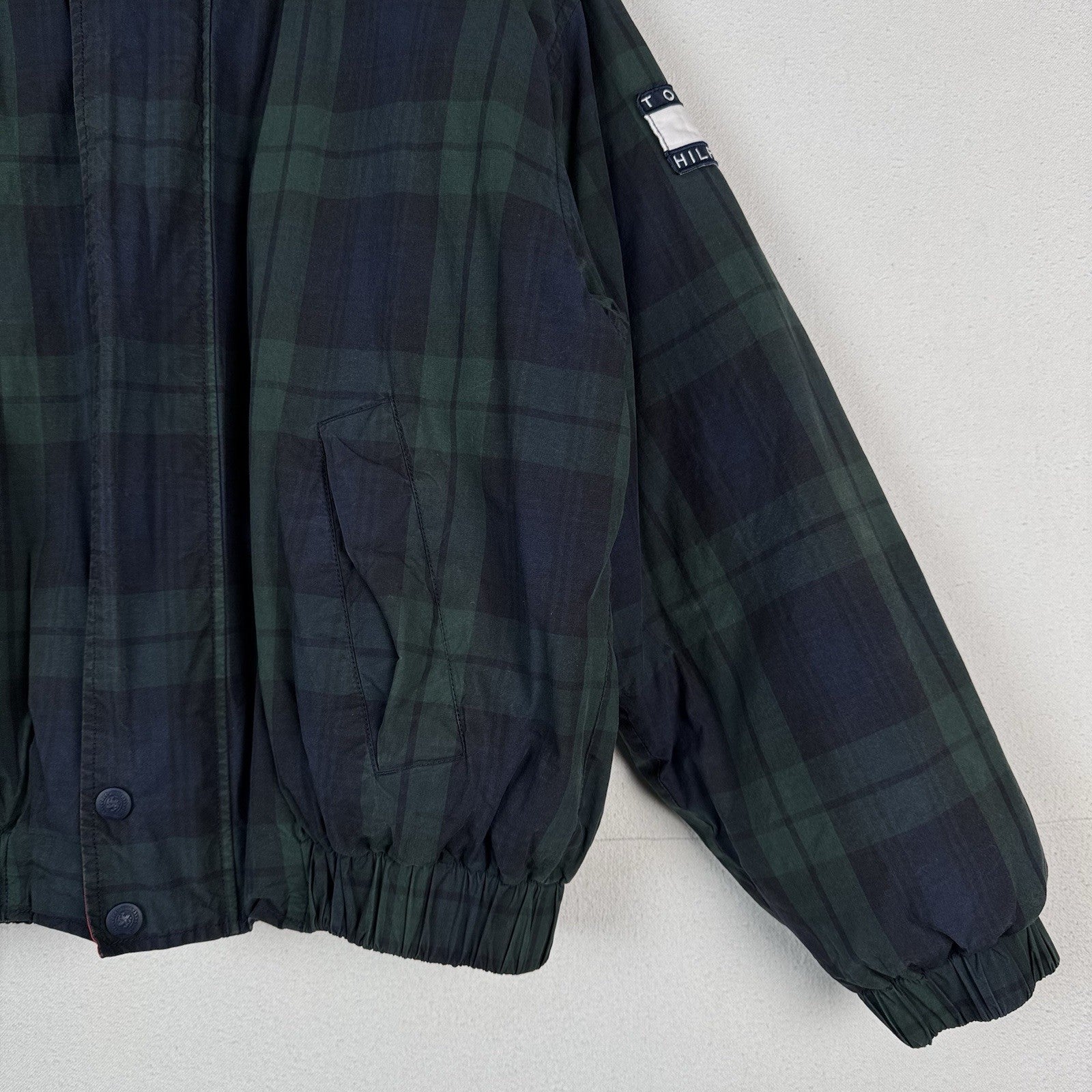 Vintage 90s Tommy Hilfiger Down Coat Ski Jacket Mens XL Tartan Plaid Embroidered