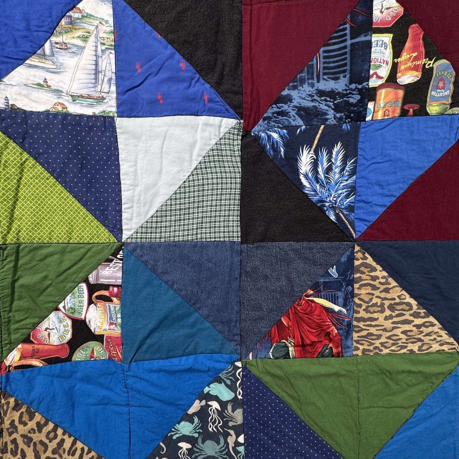 Handmade Square Patchwork Quilt Denim Edging Polo Pony Nautical 65”x65”