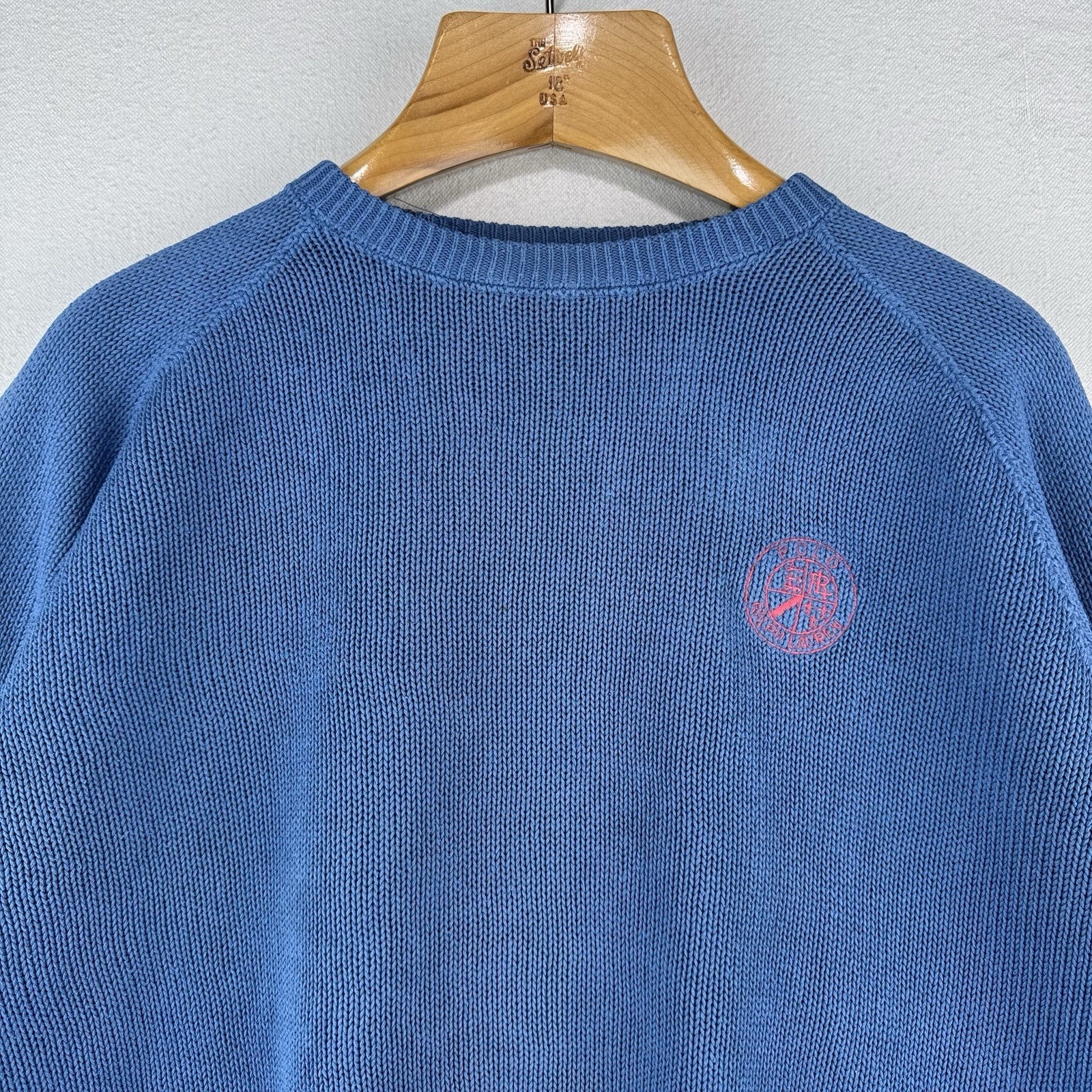 90s Vtg Polo Ralph Lauren Men’s L Cookie Sweater Patch Embroidered Raglan Blue