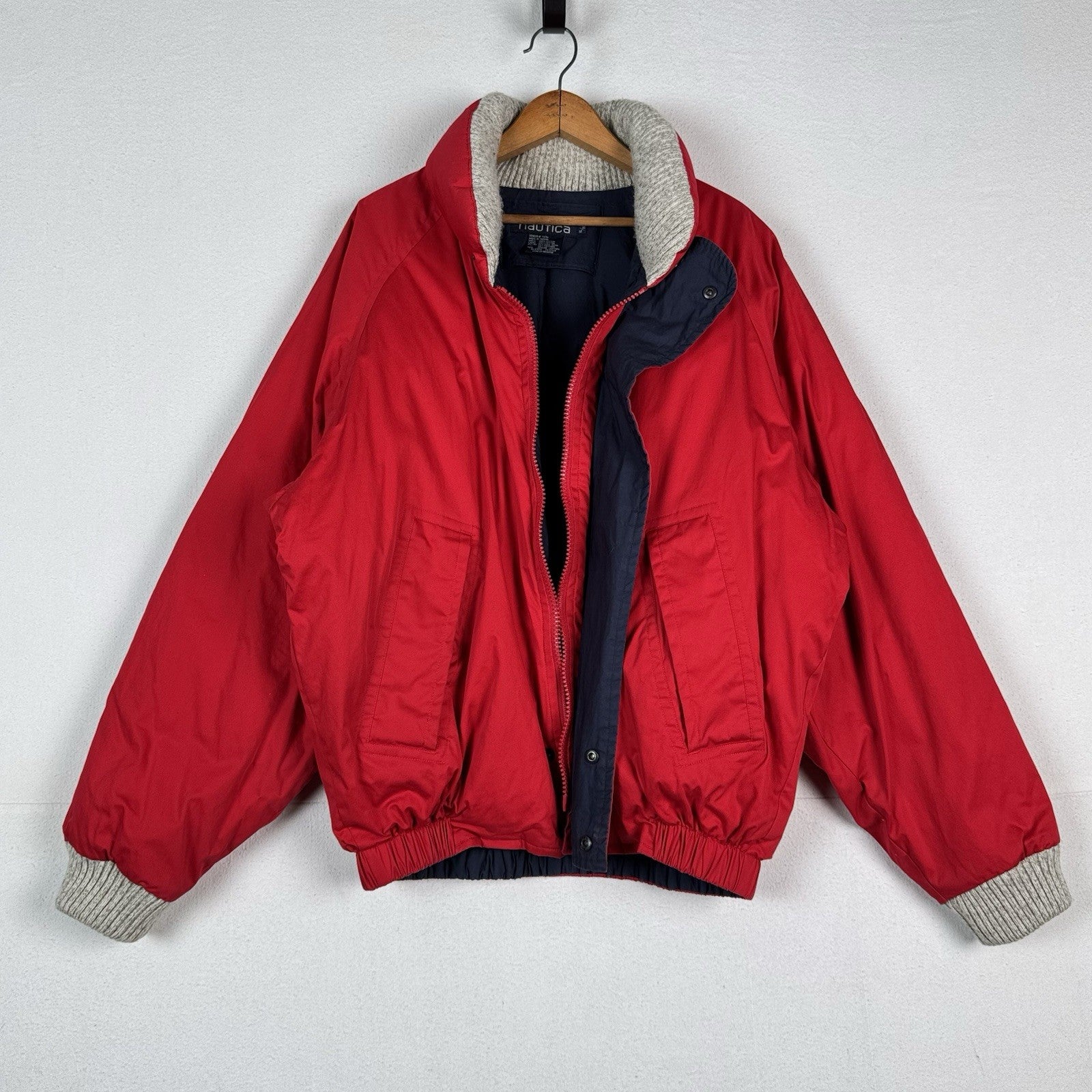 90s Nautica Mens XL Down Puffer Bomber Jacket Leather Patches Red Sweater Collar