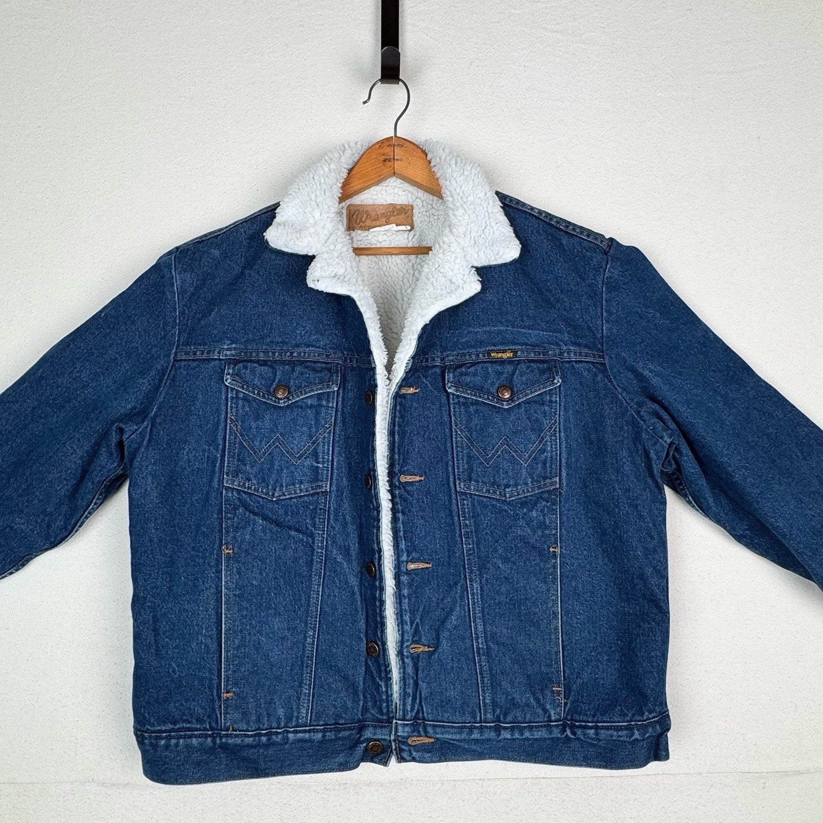 Vintage Wrangler Sherpa Denim Jean Trucker Jacket Men’s Large L Blue Made In USA