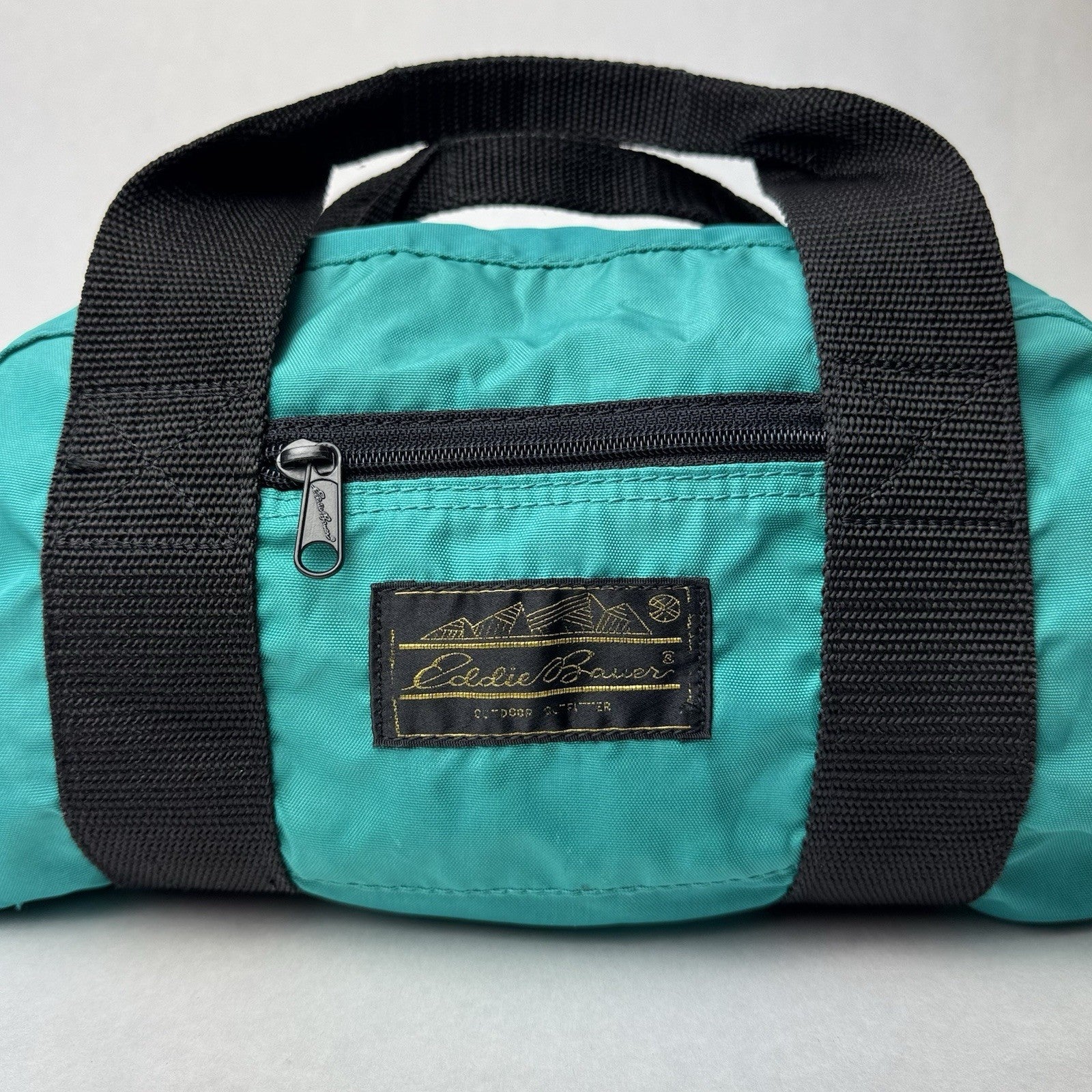 Vintage Eddie Bauer Small Canvas Duffle Bag Hand Tote Green w/Strap 14”x7”x8”