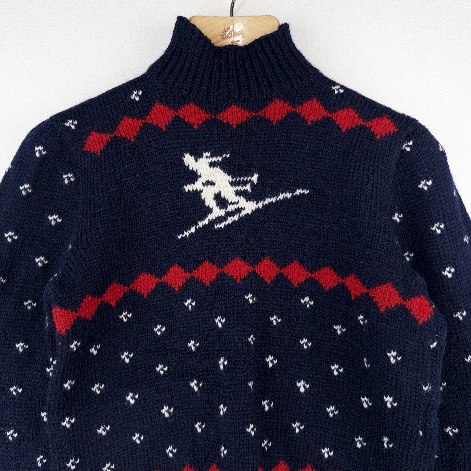 50’s Vtg Hand Knit Apres Ski Sweater Skier Blue Red Birds Eye Women’s S