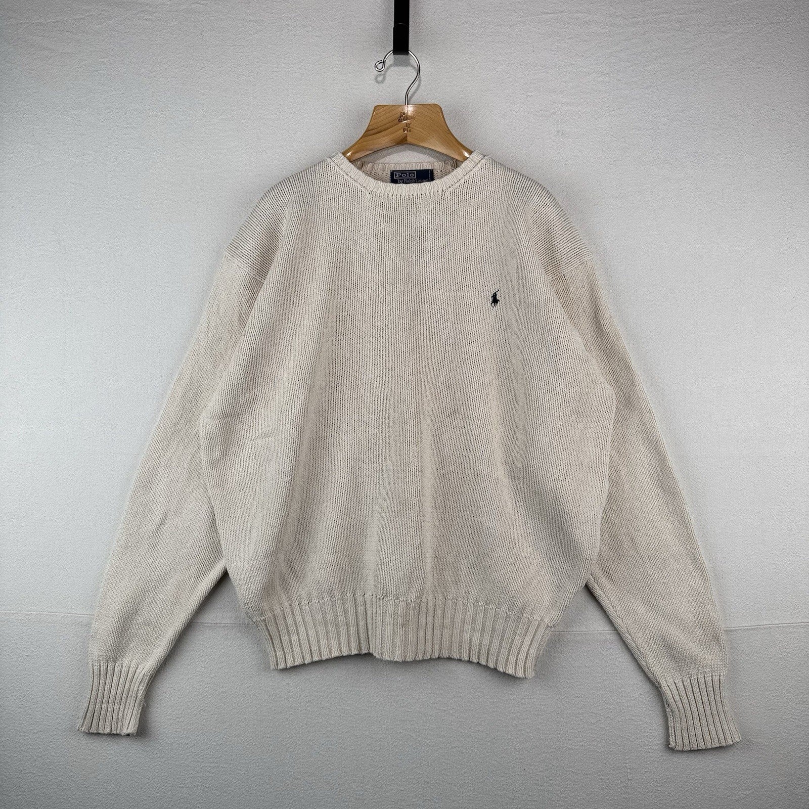 90s Vtg Polo Ralph Lauren Sweater Men's 2XL Cream 100% Cotton Crewneck Navy Pony